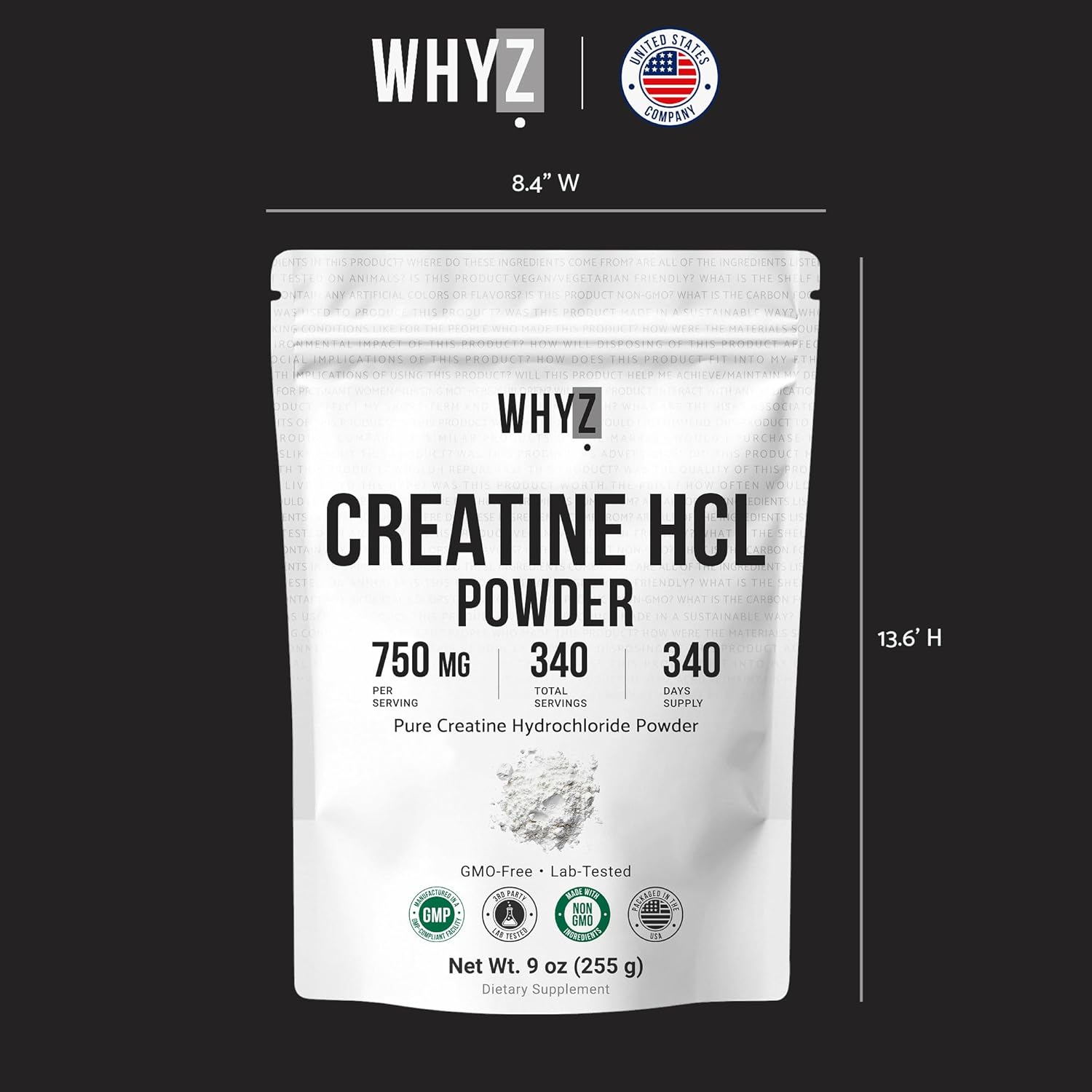 Pure Creatine HCL Powder Unflavored HCL Creatine Supplement for Men and Women Supports Muscle Strength Endurance Energy Cognitive Support & Cellular Hydration Easy to Mix Non-GMO, 9 oz (255 g)
