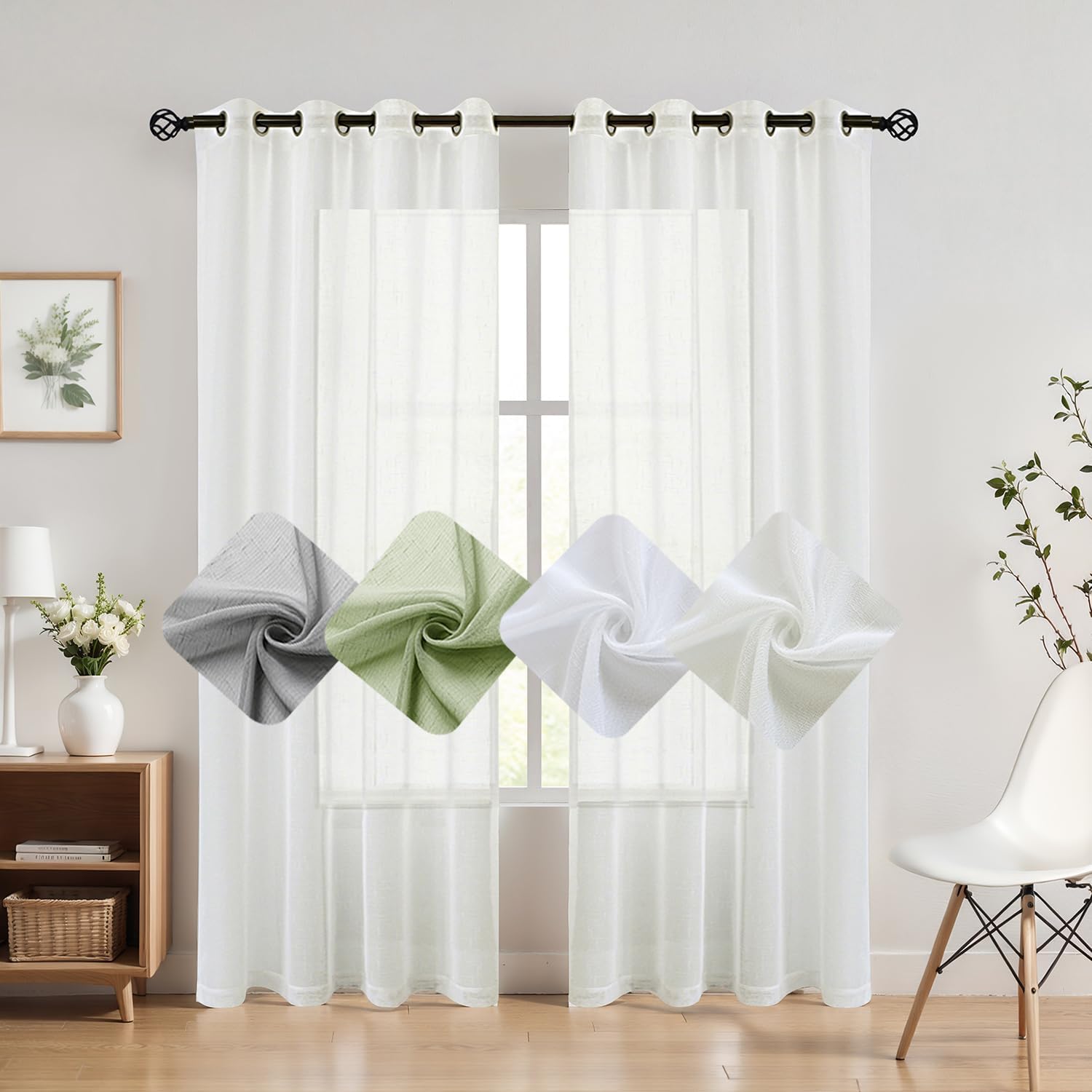 Randall Off White Faux Linen Sheer Curtain with 8 Metal Grommets Open Weave Window Treatment Drape for Living Room & Bedroom,Modern Privacy & Light Filtering & Light Drapes Curtains 2 Panels,84Inch