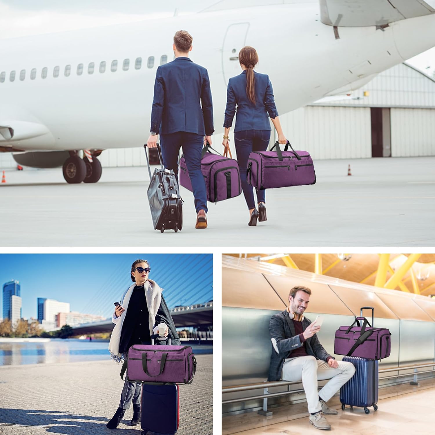 Large Garment Bag for Travel, Bukere Convertible Suit Travel Garment Duffel Bag for Women Business, Shoe Compartment, Detachable Shoulder Strap, 2 in 1 Hanging Suitcase Suit Travel Bags, Purple