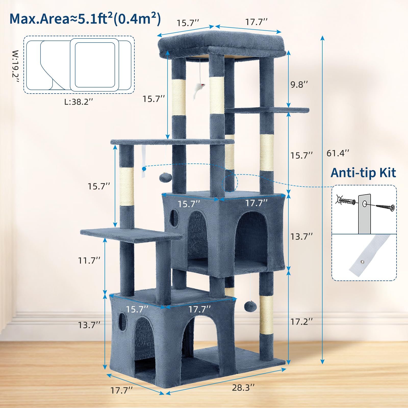 Garvee Árbol para gatos, torre para gatos de interior, muebles de casa de gatos de varios niveles de 156 cm con posadera, poste rascador de sisal, 2 espaciosos condominios y juguetes de juego, centro