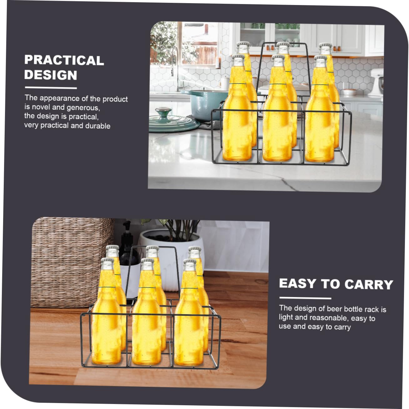 Porte-Bouteilles en Fer Noir 6 Emplacements, Design Pratique et Léger, Panier Portable pour Bar, la Cuisine ou Rangement de Bouteilles