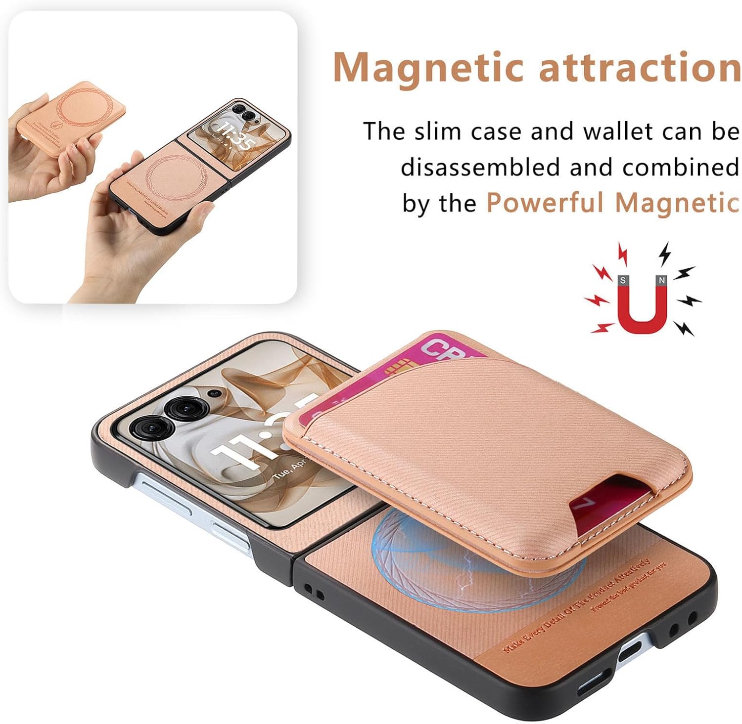 Asuwish Compatible with Motorola Razr 2024/2025 Case [Not fit Razr Plus 2024/2025], Detachable Card Slot Magnetic Back Case Holder Stand Kickstand Cell Phone Cover for Moto Razr 50/60 Women Men Pink