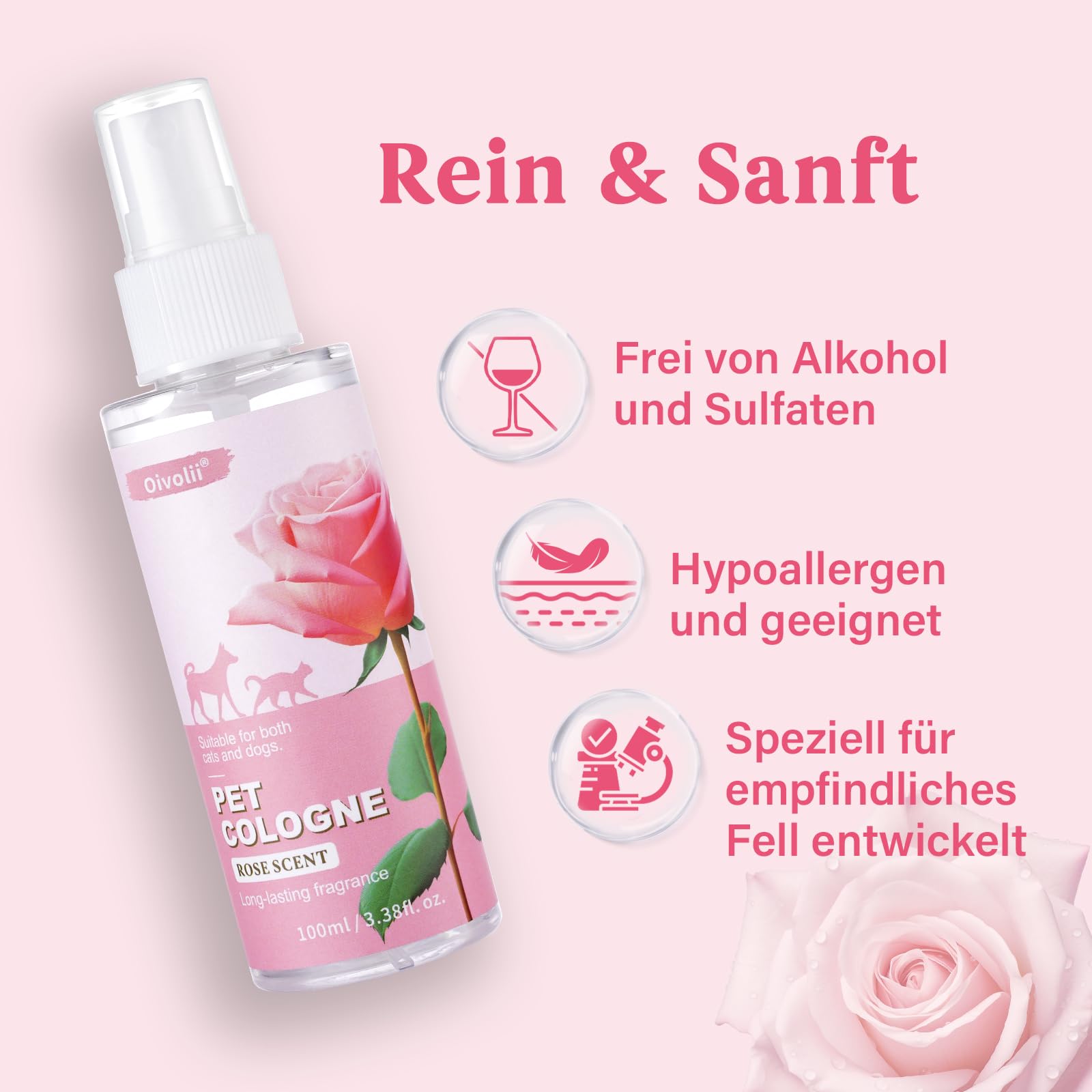 Naturalna woda kolońska dla zwierząt domowych, perfumy dla psów i kotów – spray do pielęgnacji premium o długotrwałym zapachu róż, dezodoryzujący, pielęgnujący i usuwa zapachy, do wszystkich rodzajów