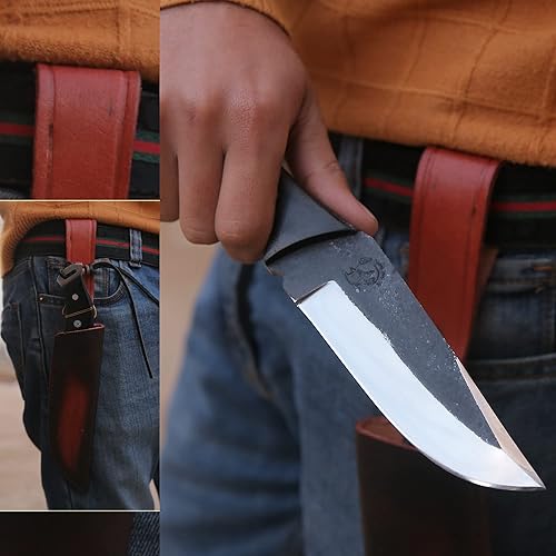 Miniatura 6 de Cuchillo de caza de acero 1095 de alto carbono con hoja fija G10 borde negro artesanía de arbusto campamento con funda de cuero de vaca  BW-4163