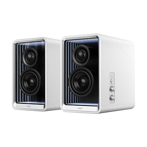 Edifier QR65 Desktop Active Monitor with 2.75" Long-Throw Aluminum Diaphragm mid-Low Drivers, Hi-Res Audio, Brilliant Light Effects, 70W Output Power Bluetooth Speakers with Stands - White - White