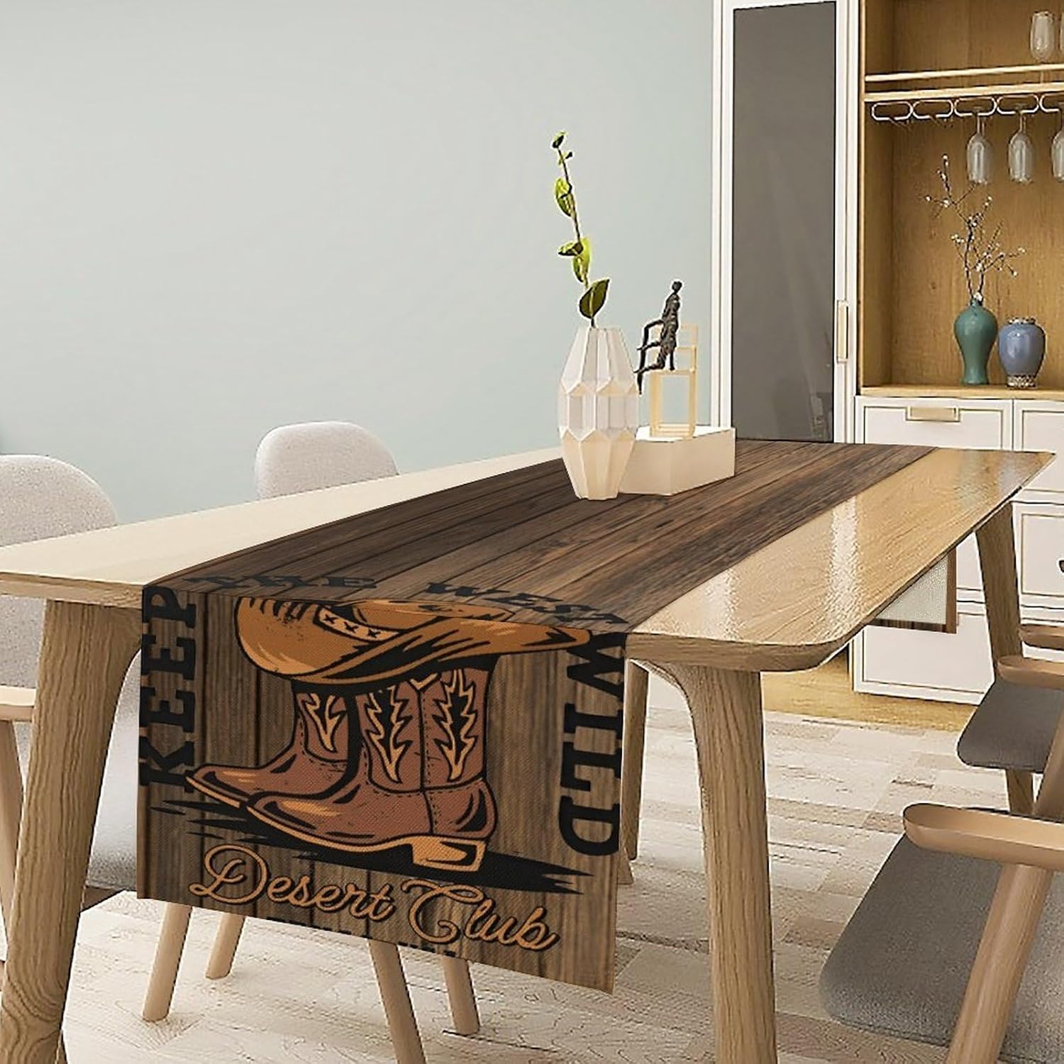 Rustic Western Table Runner, Wild West Cowboy Hat Boot Wooden Design Farmhouse Country Table Runner for Kitchen Dining Party, 13x120 Inch