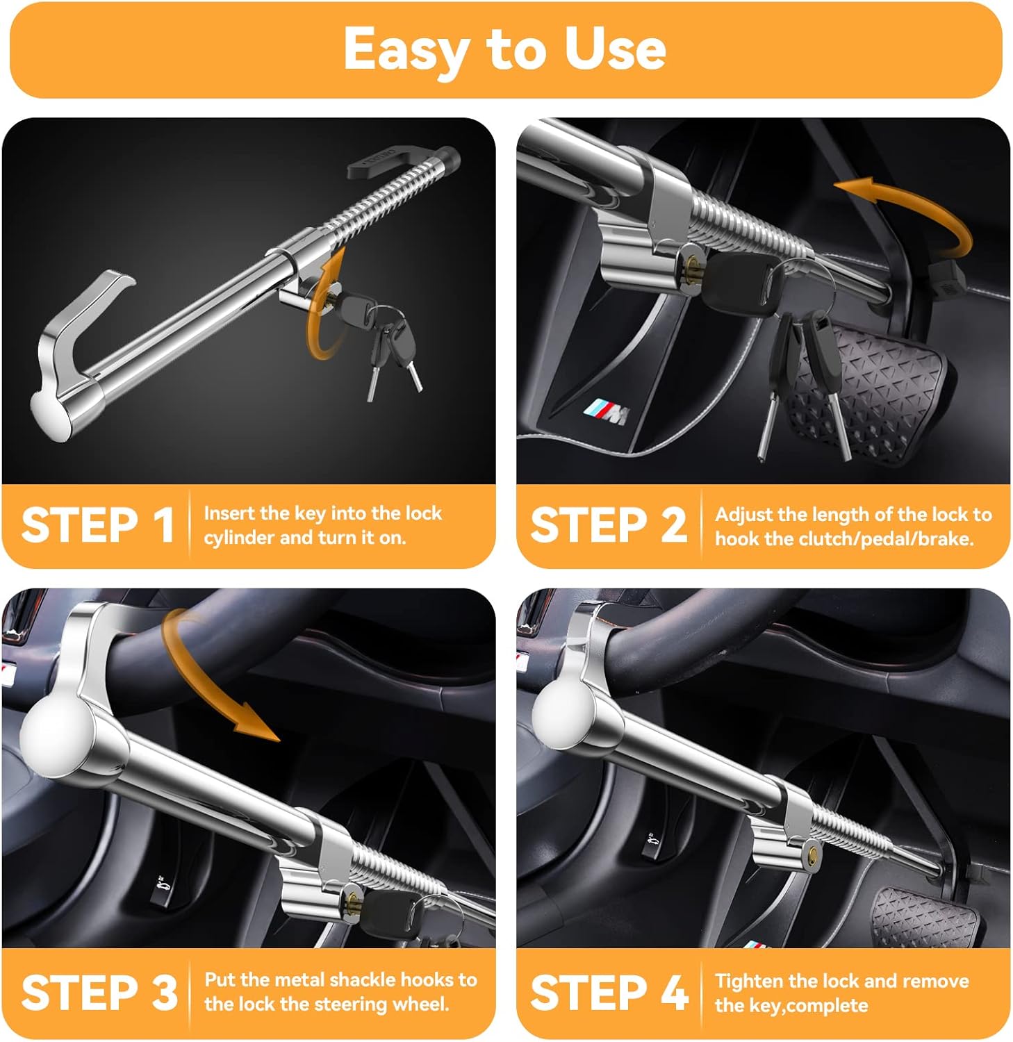 Universal Steering Wheel Lock Brake Lock Vehicle Anti-Theft Device Adjustable Length Clamp Double Hook Car Security Clutch Pedal Lock with 3 Keys for Car Truck SUV Van