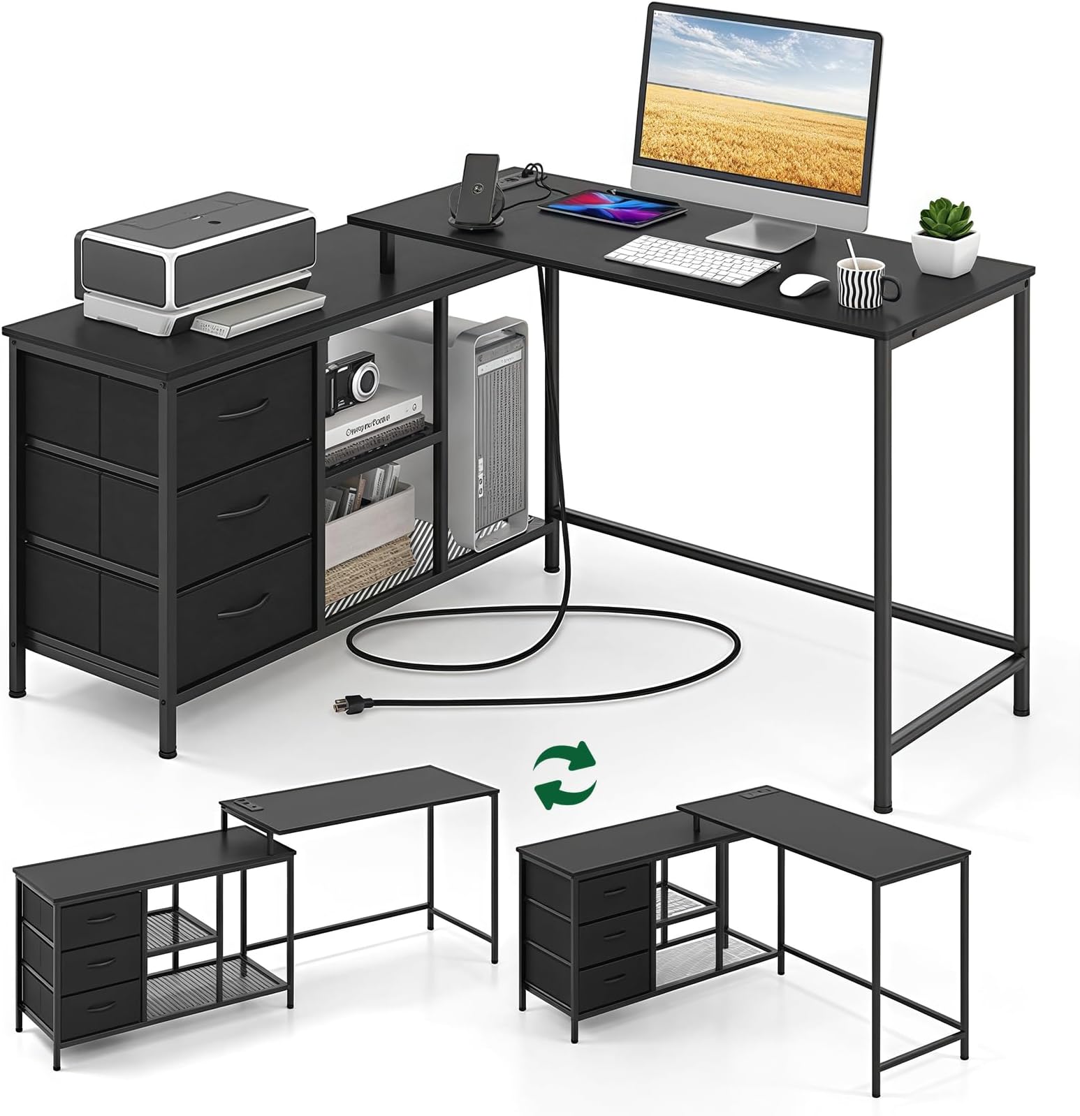Escritorio Para Computadora En L,58'' Escritorio De Oficina Con 3 Cajones Y Estantería