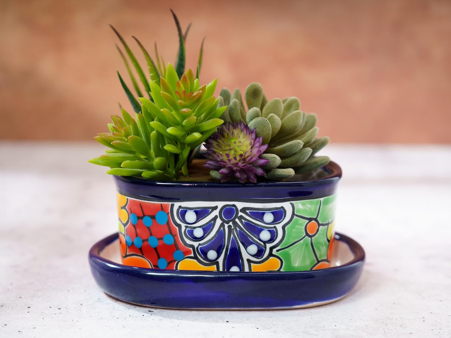 Enchanted Talavera Mexican Talavera Ceramic Succulent Pot Mini Flower Planter Cactus Bonsai Pot W/Drainage & Drip Dish Home Garden Office Desk Décor Gift Set (Cobalt)