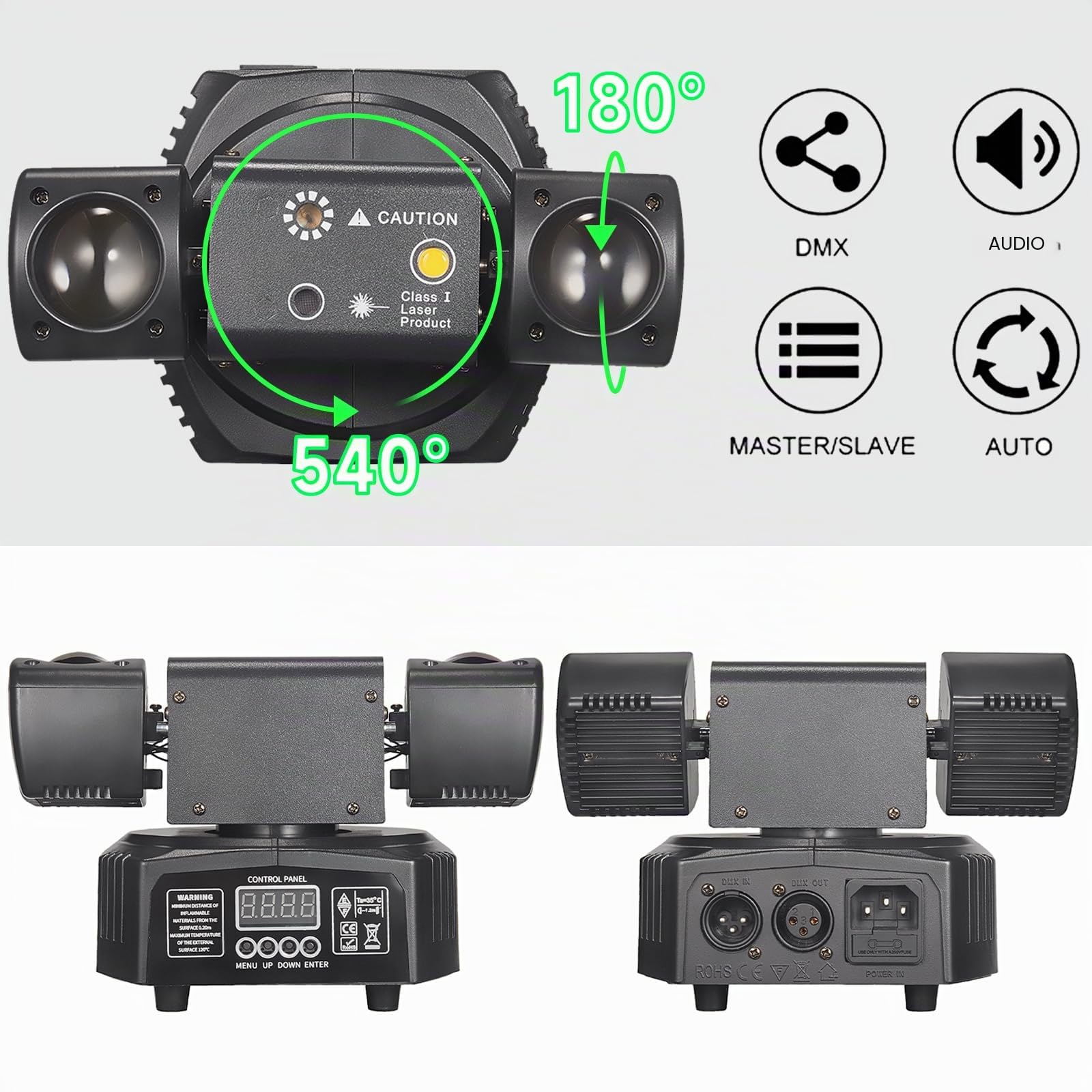 Mini luci a LED a effetto testa mobile, doppia testa, perline di colore RGB 3535, perline stroboscopiche da 10W, controllo del segnale DMX512, attivazione del suono