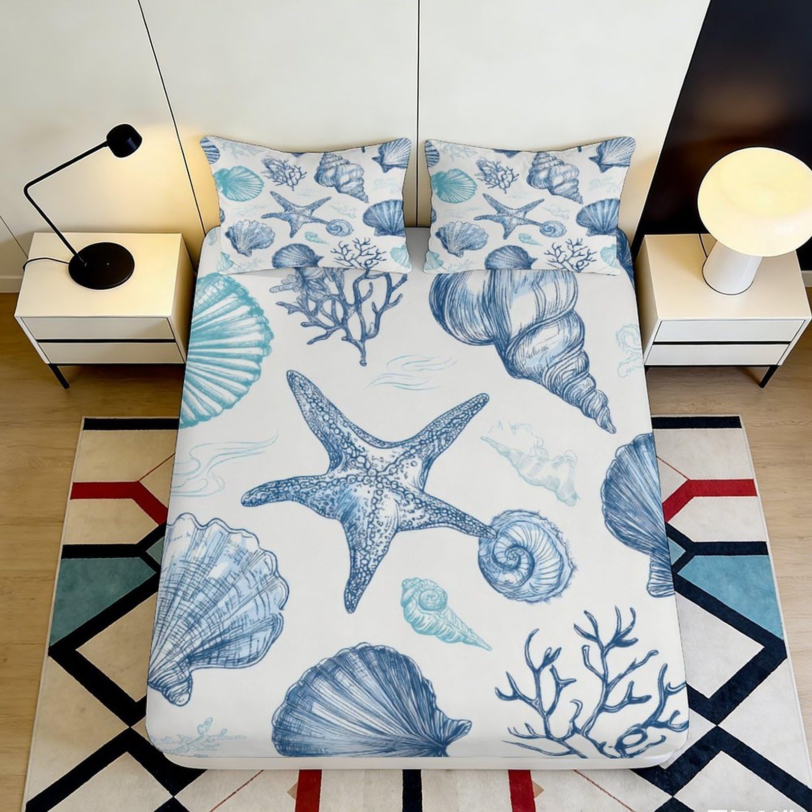 3D Printed Ocean Shell Fitted Sheet Microfiber Soft Blue Starfish Bed Cover for Bedroom Guest Room Decor 90x200x25cm