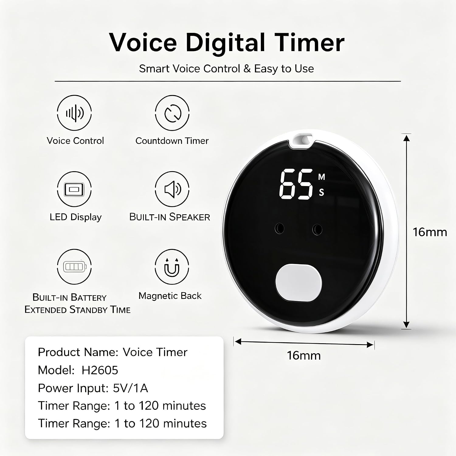 Voice-Activated Kitchen Timer, Ideal for Cooking; Magnetic Timer with Countdown Function and LED Display, Perfect for classrooms, Offices, Homes, Work, Study, Fitness, and Gaming image 2
