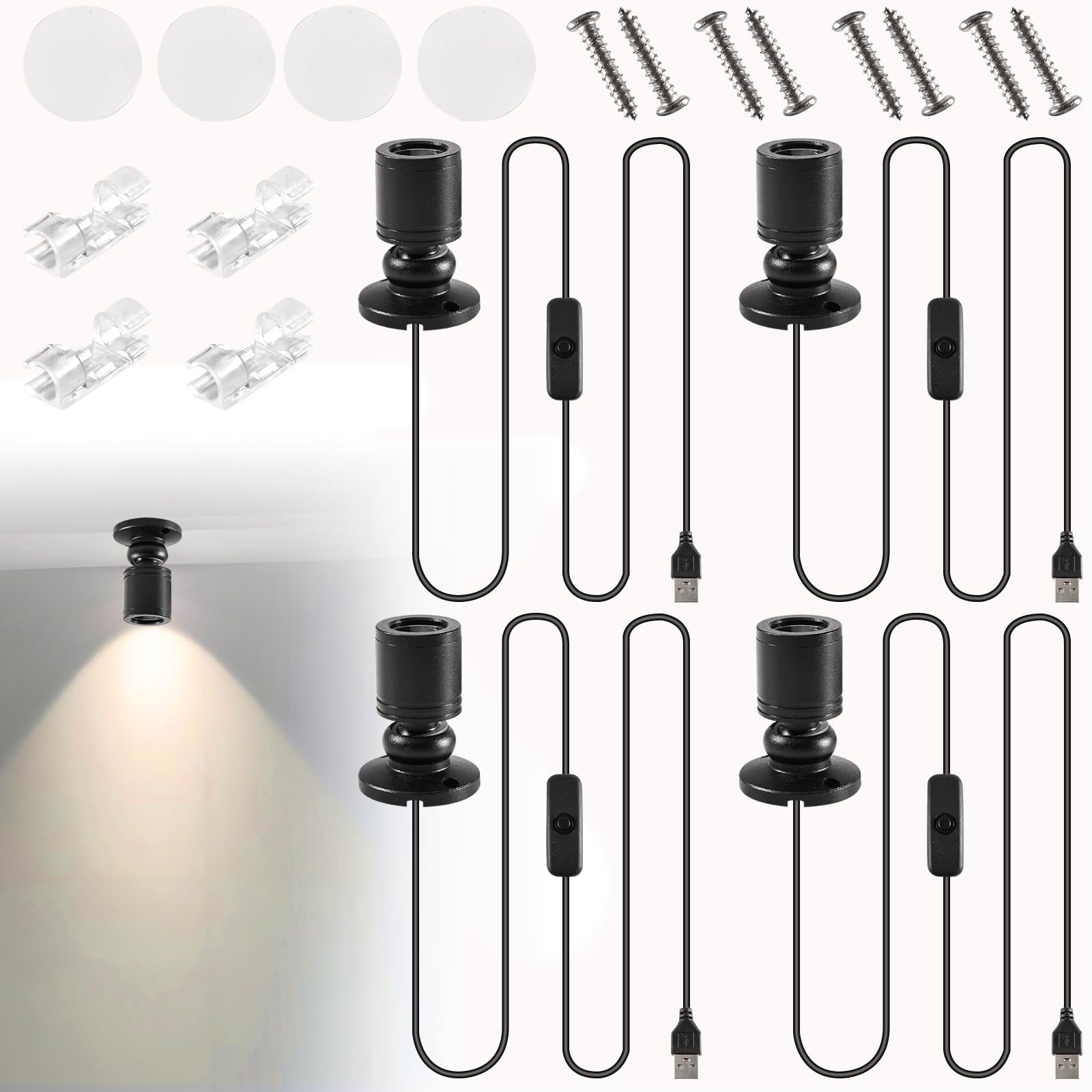 Joycabin 4 Stück Mini LED Strahler, 5V 1W Aluminium Spotlight mit Schalten, LED Schrankleuchte Akzentlichter Mini Spot Licht für Vitrinen, Schmuck, Schaufenstern, Modellen (4000 K Neutrales Licht)