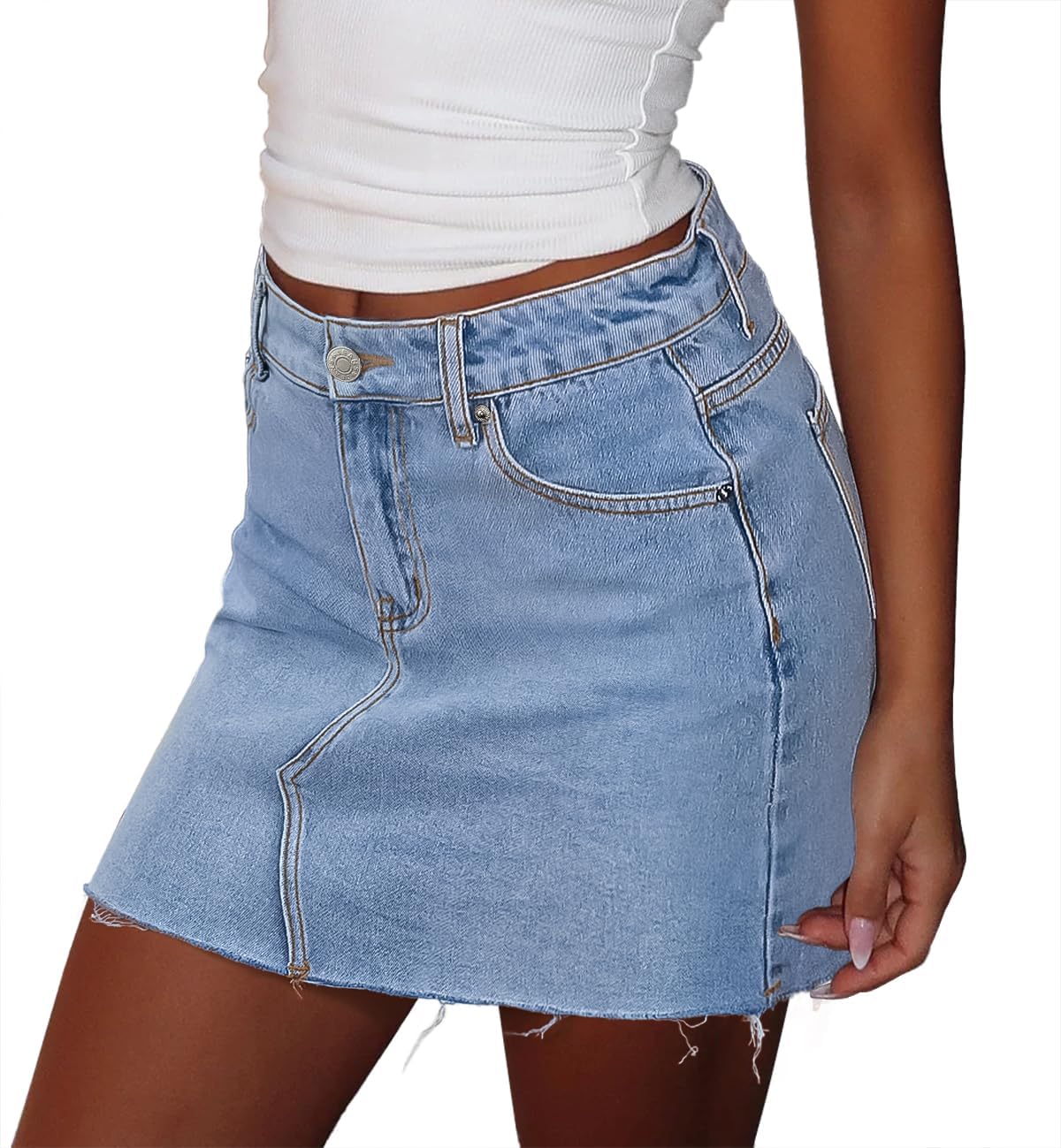 ZADORN Women's Denim Mini Skirts Stretchy High Waisted Casual Frayed Jean Skirt with Pockets - Image 2