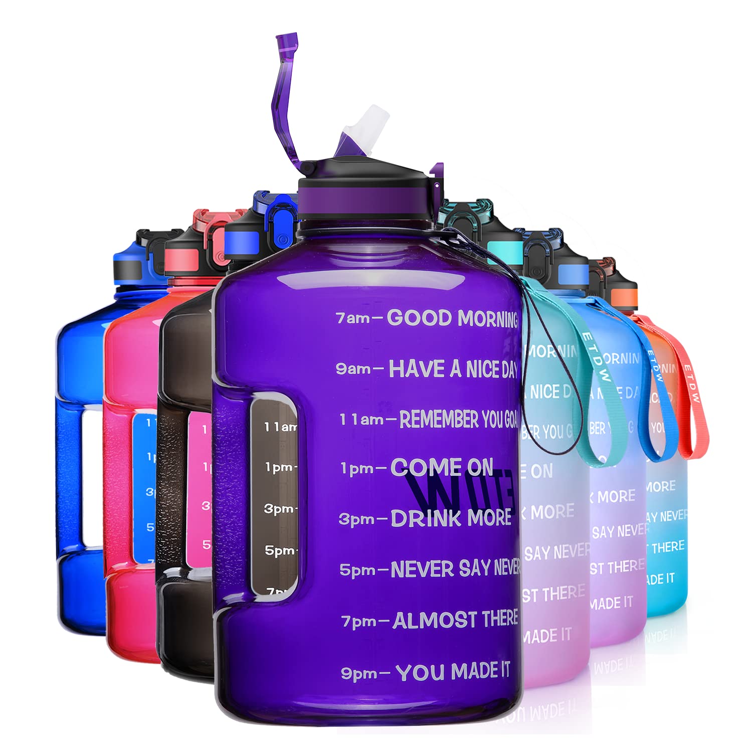 ETDW 3,78 Liter Trinkflasche Sport mit Zeitangaben und Strohhalme, 3,78L Groß Sportflasche BPA Frei, Auto Wasserbehälter Auslaufsicher Sportflasche
