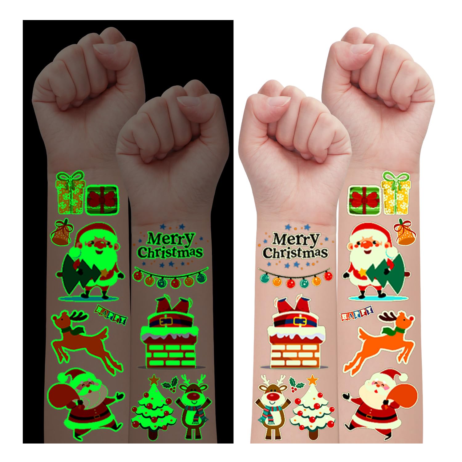Leesgel Merry Christmas Tattoos Stickers for Kids, 200 Styles Luminous Temporary Tattoo for Boys Girls Christmas Decorations, Christmas Eve Box Fillers Sweets Xmas Stockings Toys Crafts Supplies