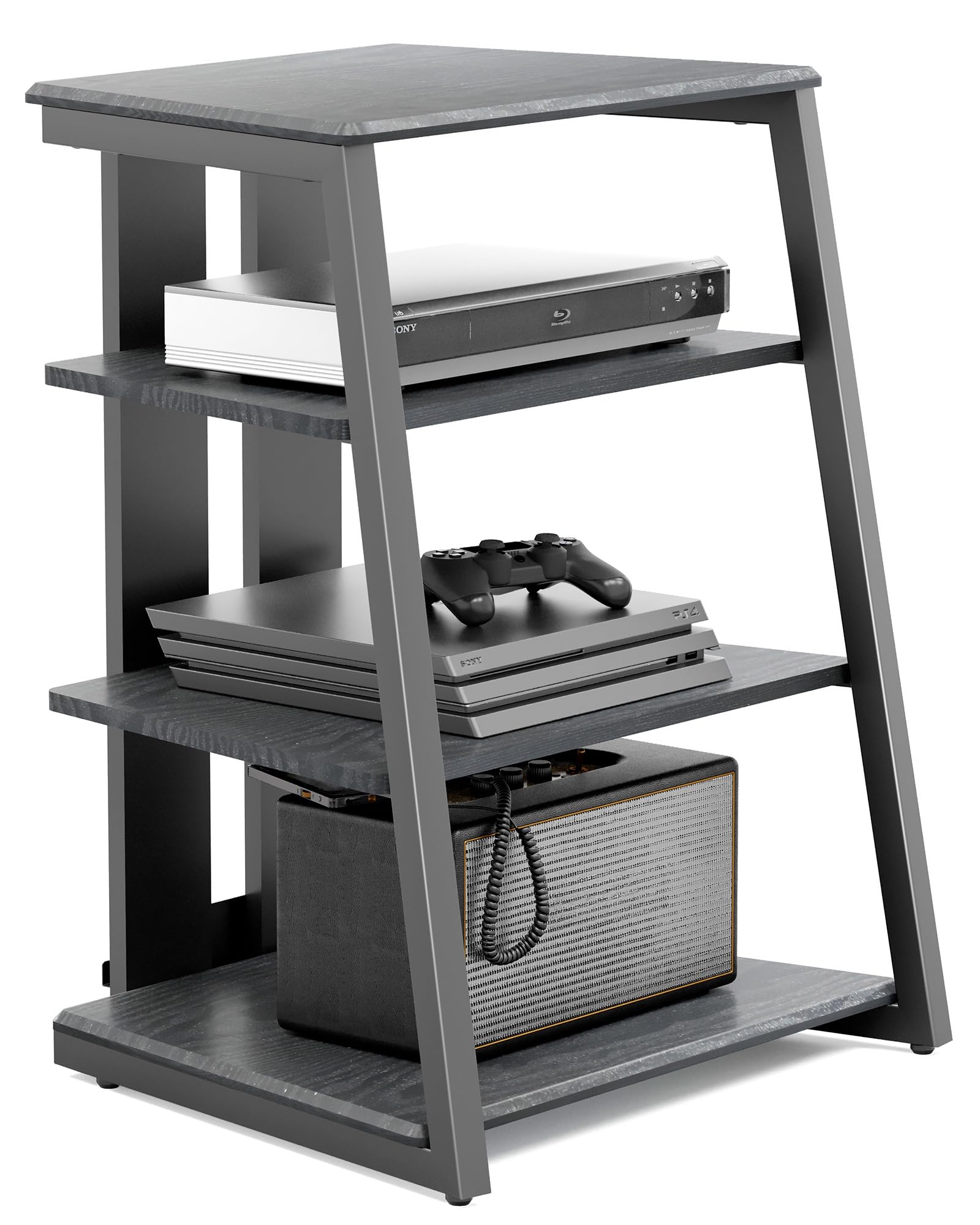 FITUEYES Design 4-Tier AV Media Stand Corner Shelf Stand Wooden Corner Shelves Component Cabinet Stereo Rack Audio Tower with Height Adjustable Wooden Shelves for/Apple Tv/Xbox One/ps4 (Black)