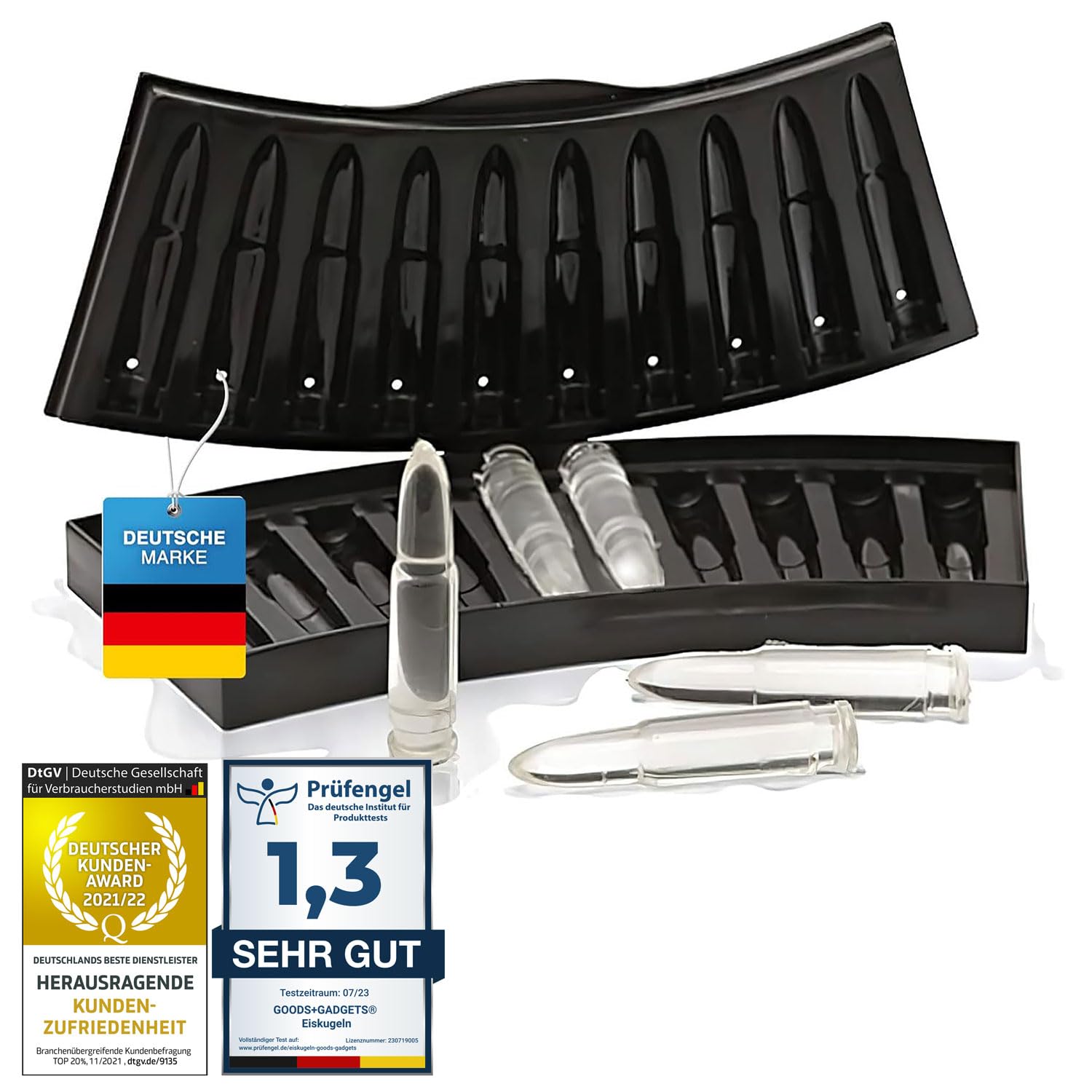 Eiswürfelform Ice Cube Tray; Eiswürfelschale Eis-Würfel-Maker; Eiskalte Getränke mit Eye-Catcher Eiswürfel für Whisky, Cocktails, Saft uvm. (AK47 Patronen)