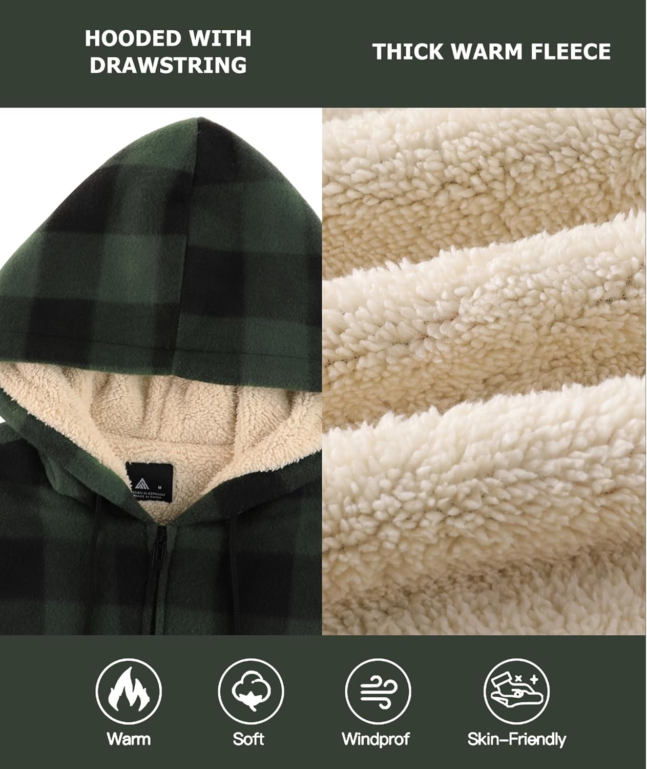 ZITY Heavy Thick Hoodies for Men Plaid Flannel Warm Sherpa Fleece Lined Winter Full Zip Up Coat - Image 5