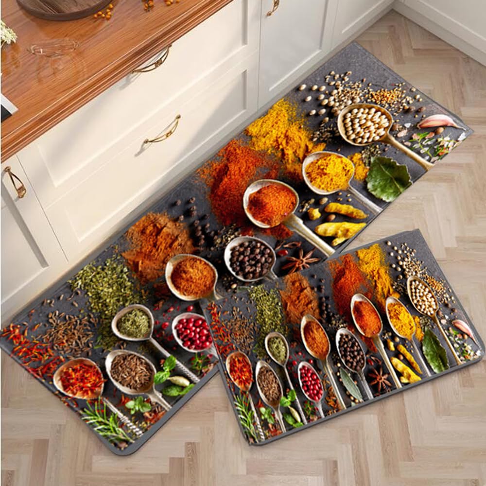 KINGGOO 2 Piece Non Slip Kitchen Mat Kitchen Rug Set 40x60 + 40x120 cm, Kitchen Mat Sets Non slip Washable, Dining Room, Entryway and Door Runner Rug Set, Kitchen Rugs Tableware & Spices