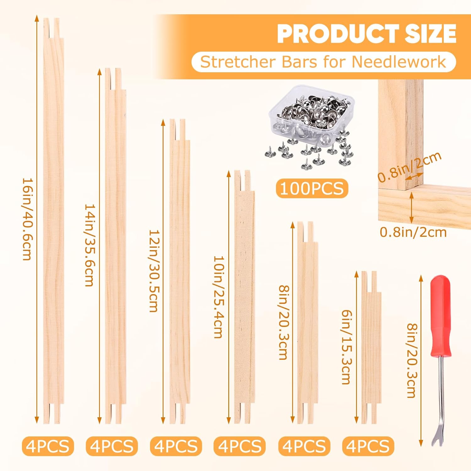 24 Pcs 12 Sets Needlepoint Stretcher Bars for Needlework, 6 Sizes (6 8 10 12 14 16 Inch), 100 Tacks & Tacks Remover, Wood Canvas Splicing Stretcher Bars for Embroidery Stitch Crafts Art