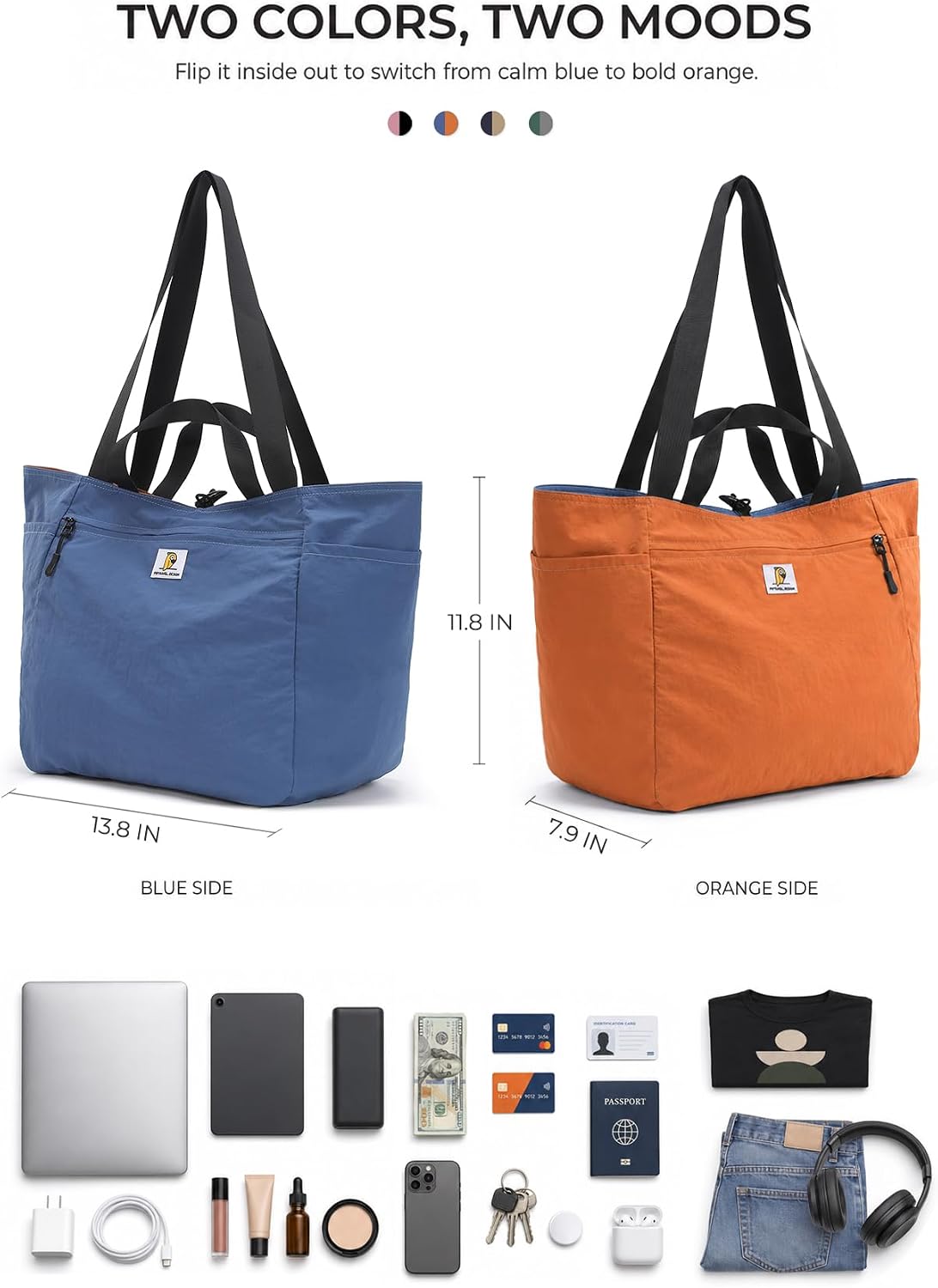 Tote Bag for Women, Reversible Foldable Shoulder Bag with Luggage Sleeve