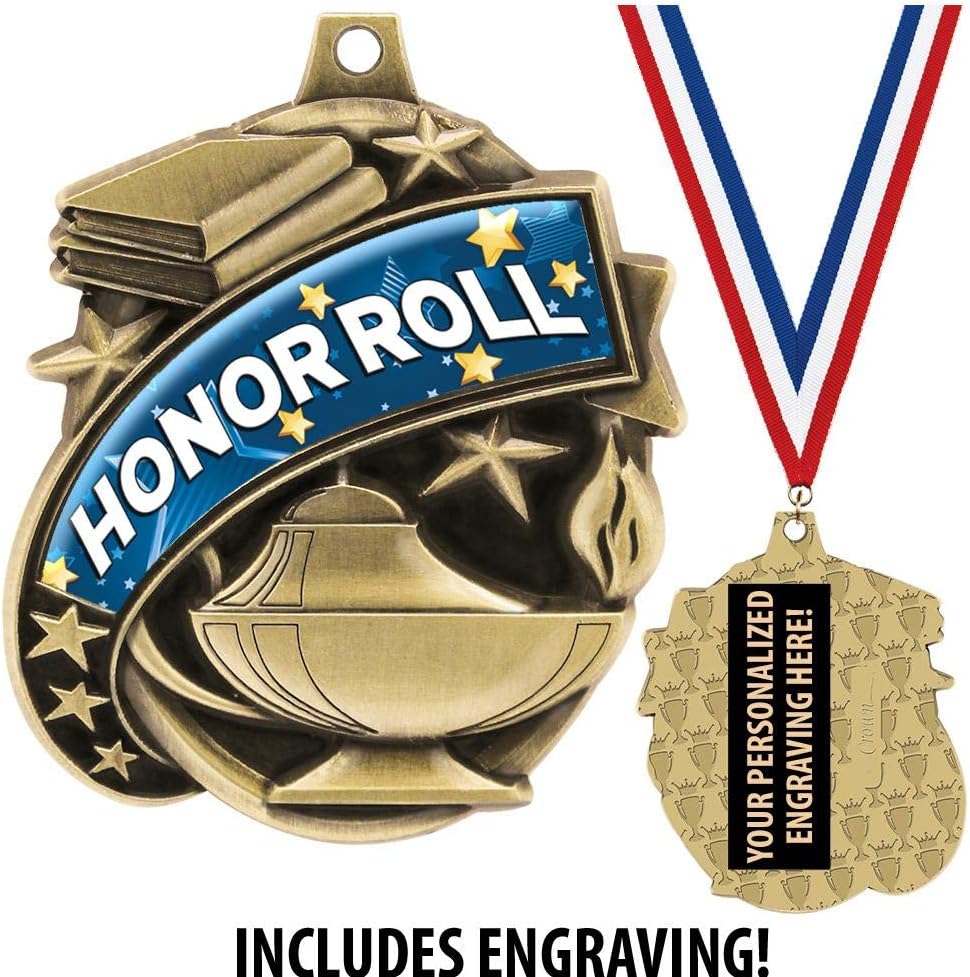 Honor Roll Medals - 1 1/2" Gold Honor Roll Medal, Great Academic Awards with Custom Engraving Prime