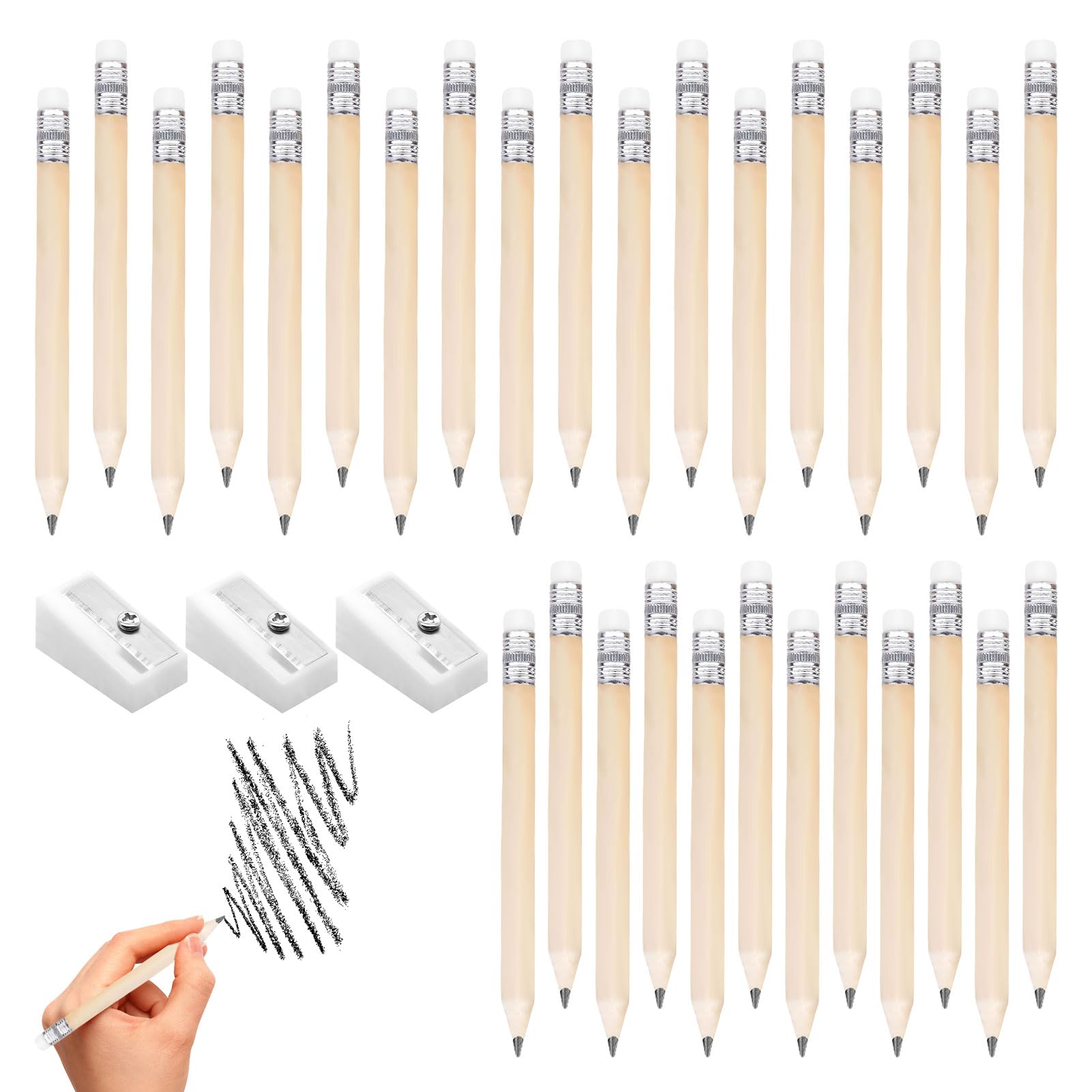 Watlikeup 30PCS Mini Golf Pencils with 3 Sharpeners - HB Mini Pencils with Rubbers for Toddlers - Half-Length Chunky Writing Tools for Kids School Office Classroom Bridal