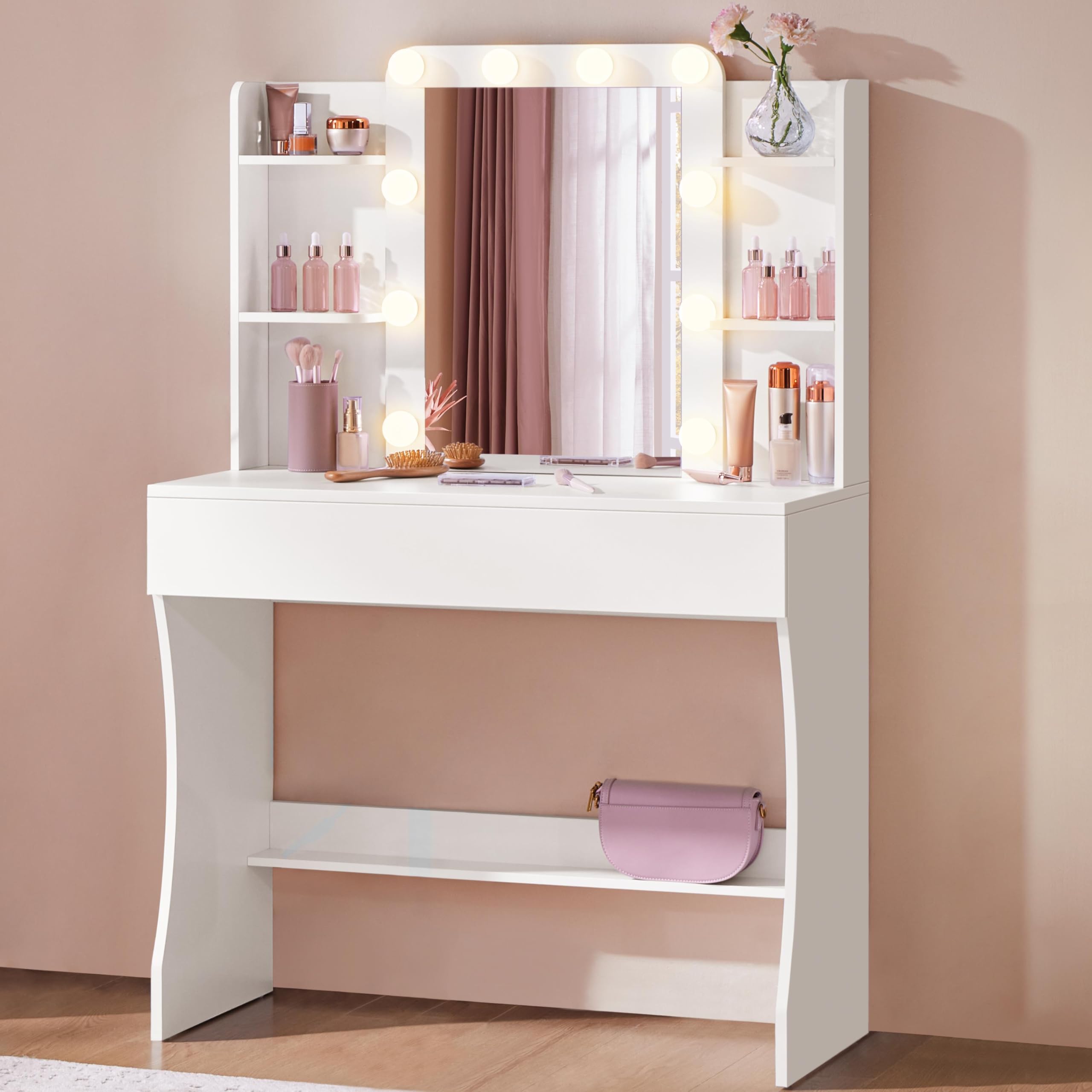 Abician Coiffeuse avec Miroir 10 LED 3 Couleurs Luminosité Réglable Table de Maquillage Deux Grands Tiroirs Six Étagères de Rangement Style Moderne Blanc