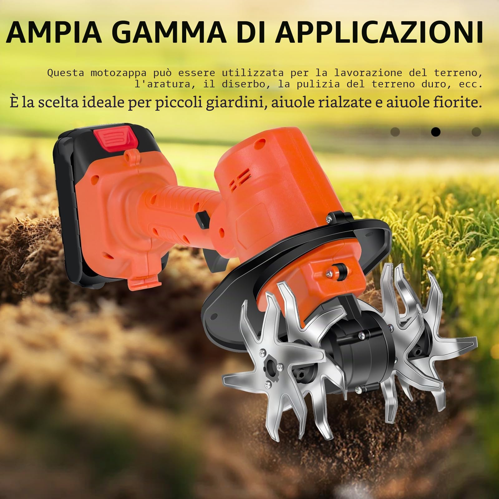 Motocicletta elettrica, 21 V portatile Motocoltore con 2 batterie 3000 mAh e ricarica, mini motobineuse senza fili con 4 file di denti, coltivatore per orto, cantiere, coltivazione del suolo