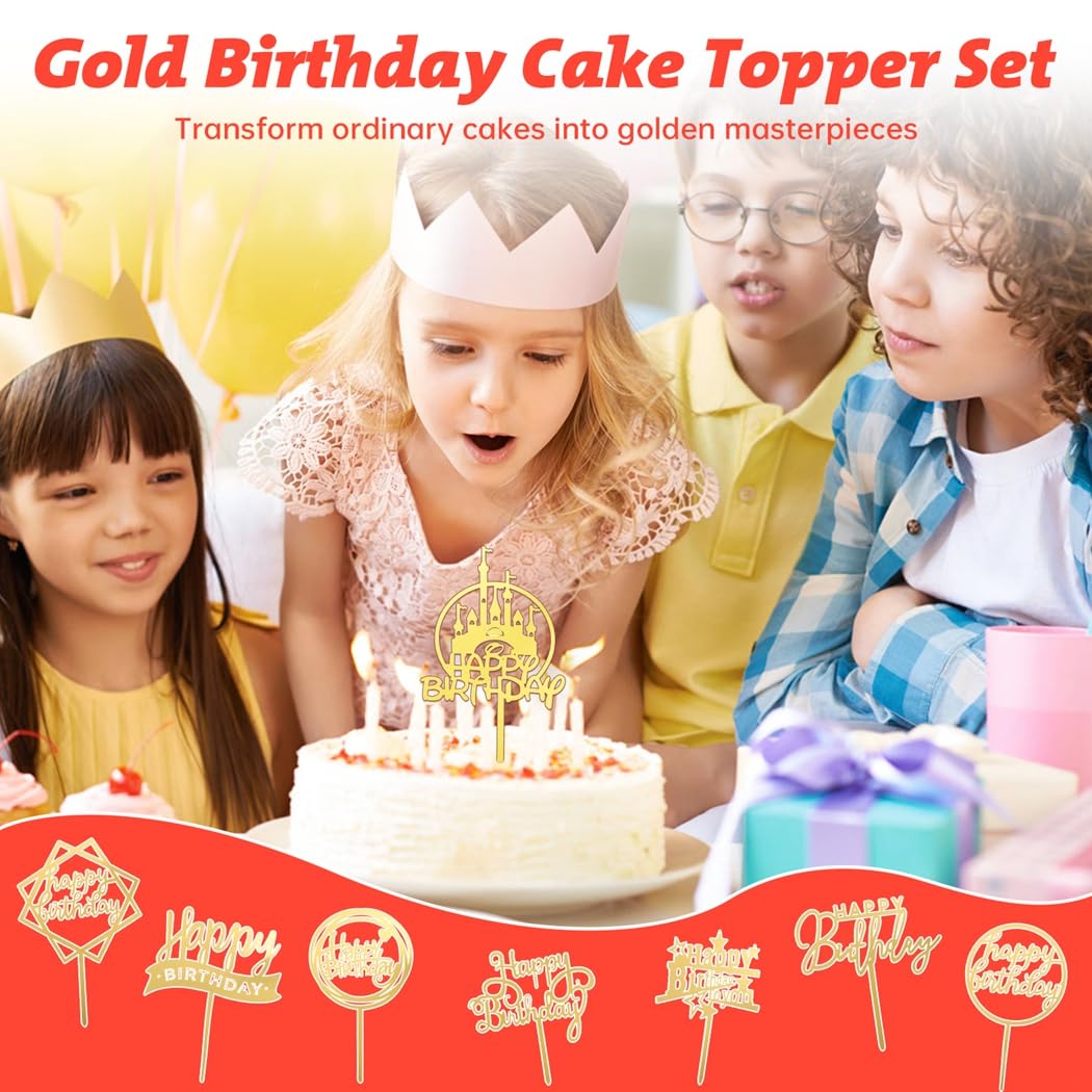 Gold Birthday Cake Topper Set, Happy Birthday Cake Toppers, 150-Pack Glitter Cupcake Toppers For Birthday Decorations, Double Side Acrylic Cake Toppers