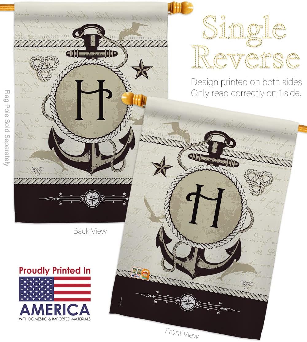 Nautical H Initial House Flag Dowel Set Monogram Coastal Anchor Sailor Sea Shells Outdoor Summer Ocean Small Decorative Gift Yard Banner Made In USA 28 X 40