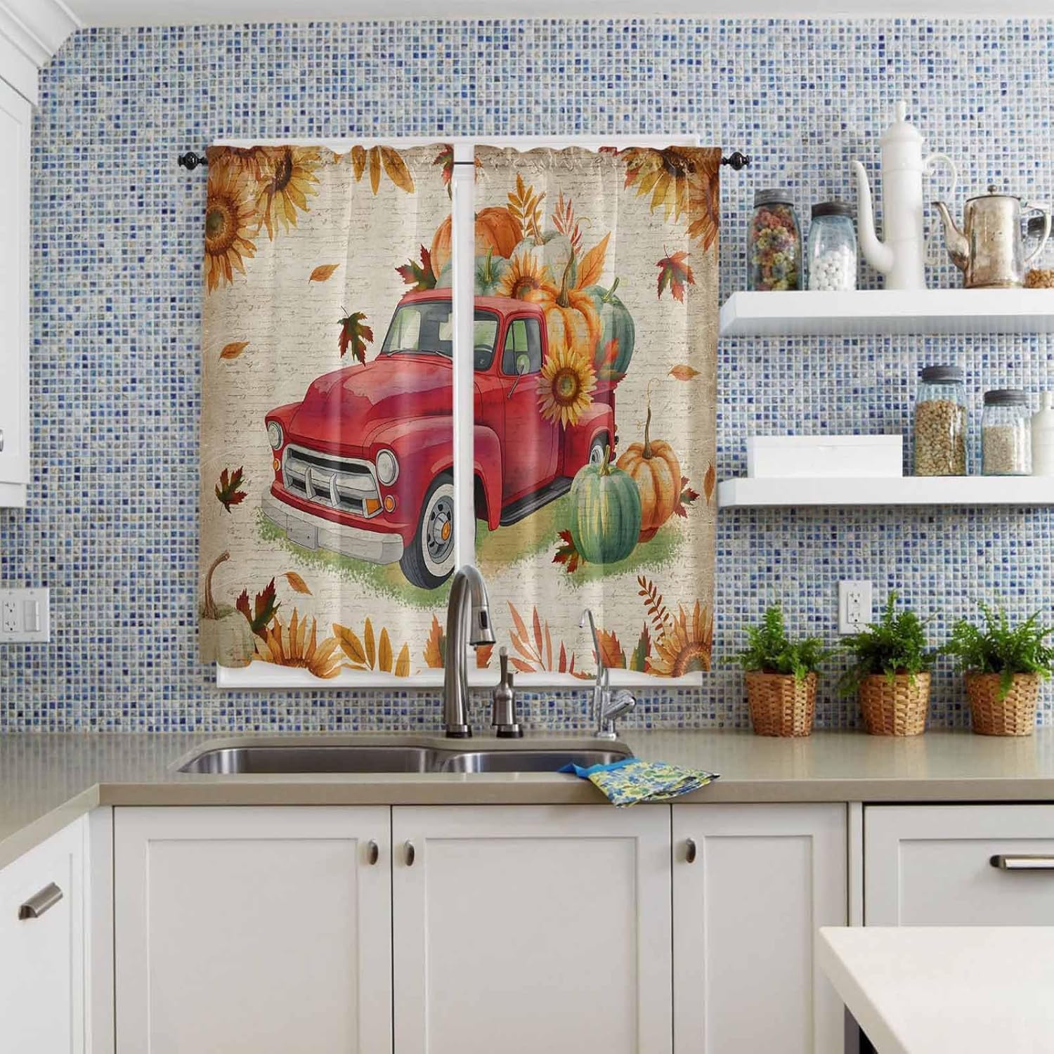 Red Truck Fall Kitchen Curtains, Pumpkins Thanksgiving Sunflower Retro Botanical Light Filtering Window Curtain, 2Pcs Rod Pocket Window Treatments Set for Living Room Bathroom Bedroom 42x63 Inches