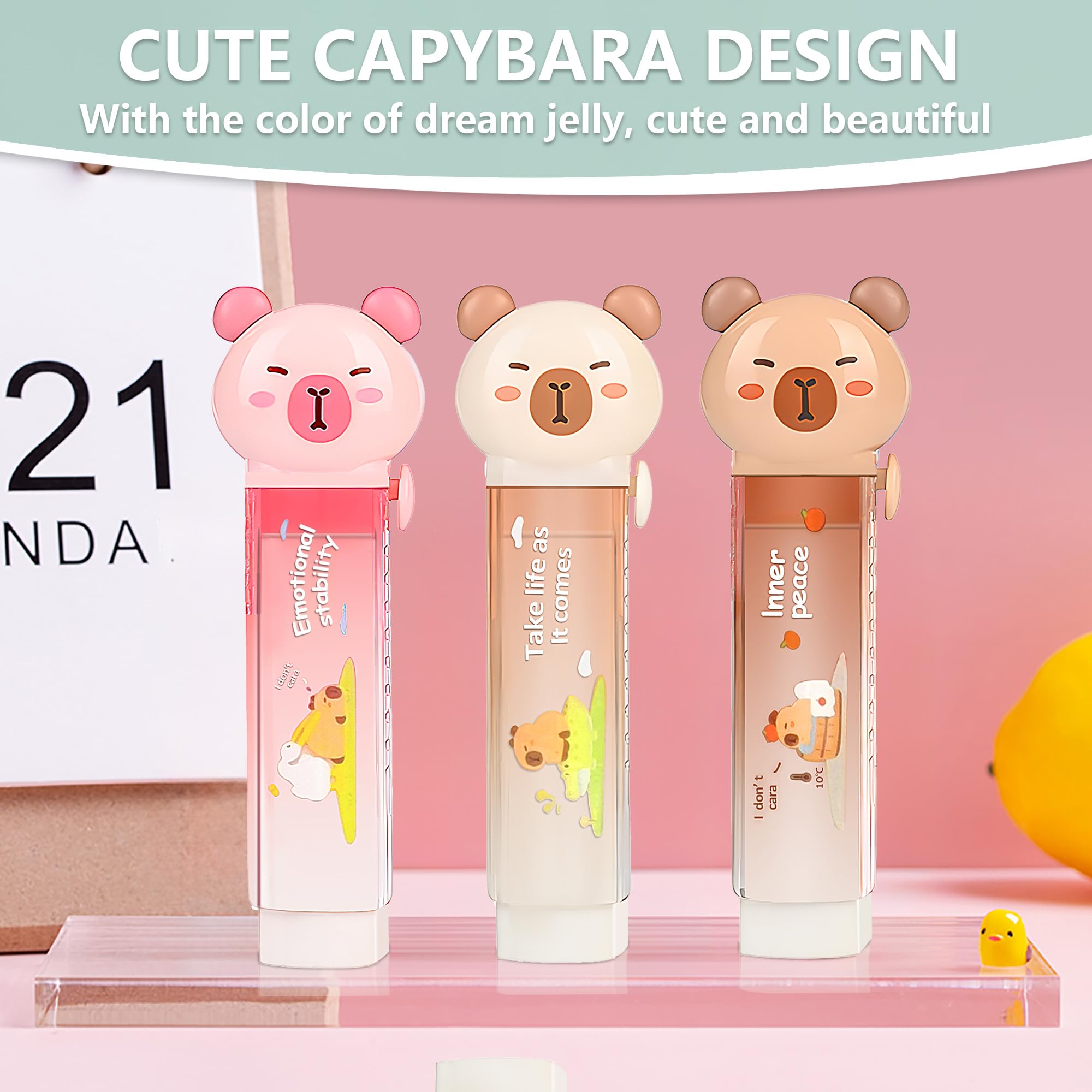 Capybara - Juego de 6 artículos de papelería lindos, suministros escolares kawaii, incluye 3 sacapuntas y 3 borradores retráctiles, para suministros kawaii de oficina, escuela y hogar (Capybara)