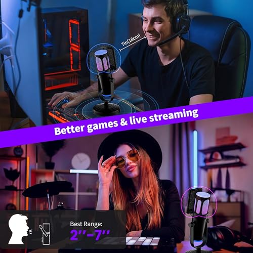 Miniatura 6 de PUPGSIS - Micrófono para juegos para PC, micrófono condensador con cancelación de ruido con luces RGB, silencio, monitoreo, filtro pop, micrófono de