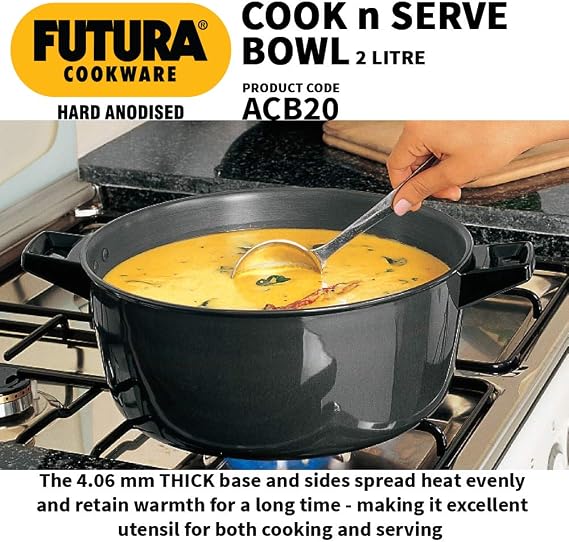 Hawkins Futura 2 Litre Cook n Serve Bowl, Hard Anodised Saucepan with Hard Anodised Lid, Sauce Pan for Cooking and Serving, Black (ACB20), Aluminium