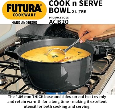 Hawkins Futura 2 Litre Cook n Serve Bowl, Hard Anodised Saucepan with Hard Anodised Lid, Sauce Pan for Cooking and Serving, Black (ACB20), Aluminium