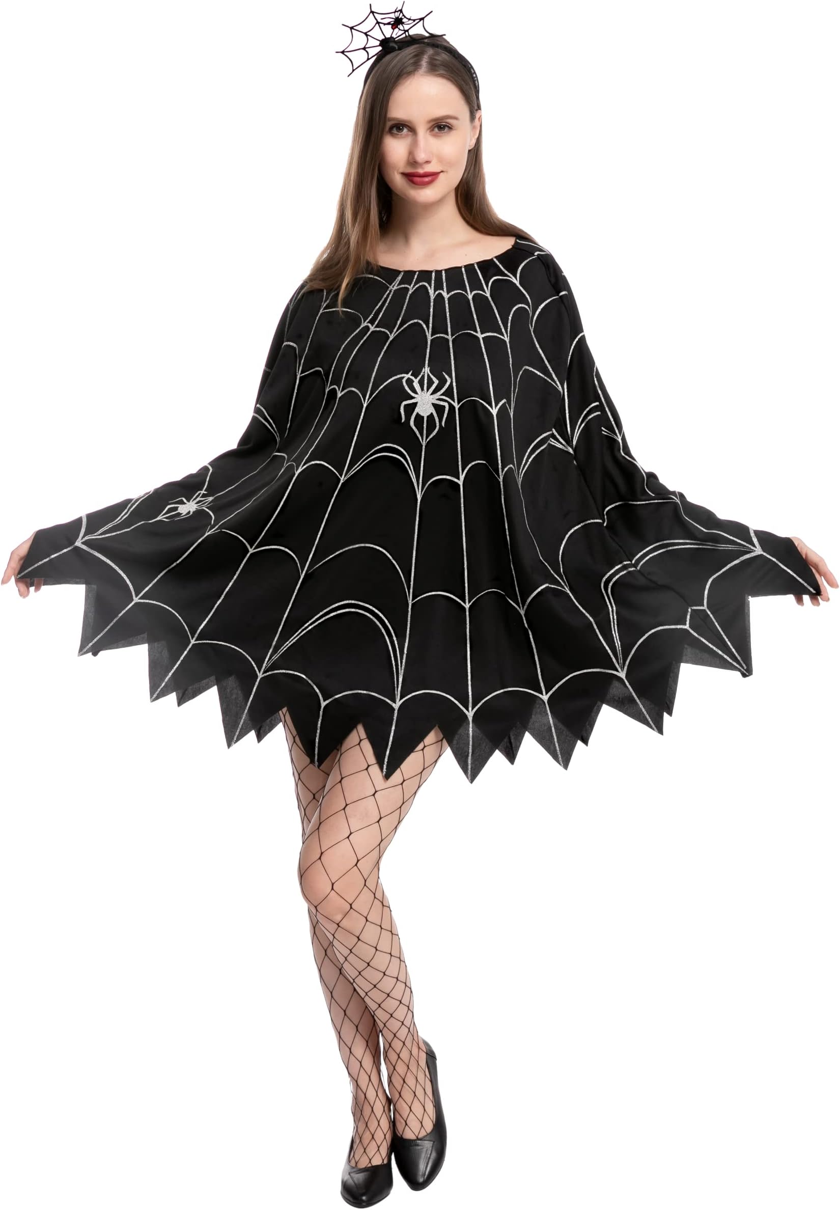 Spooktacular Creations Spider Web Dress Poncho Costumes with Spider Headband for Halloween Dress Up Party Cosplay