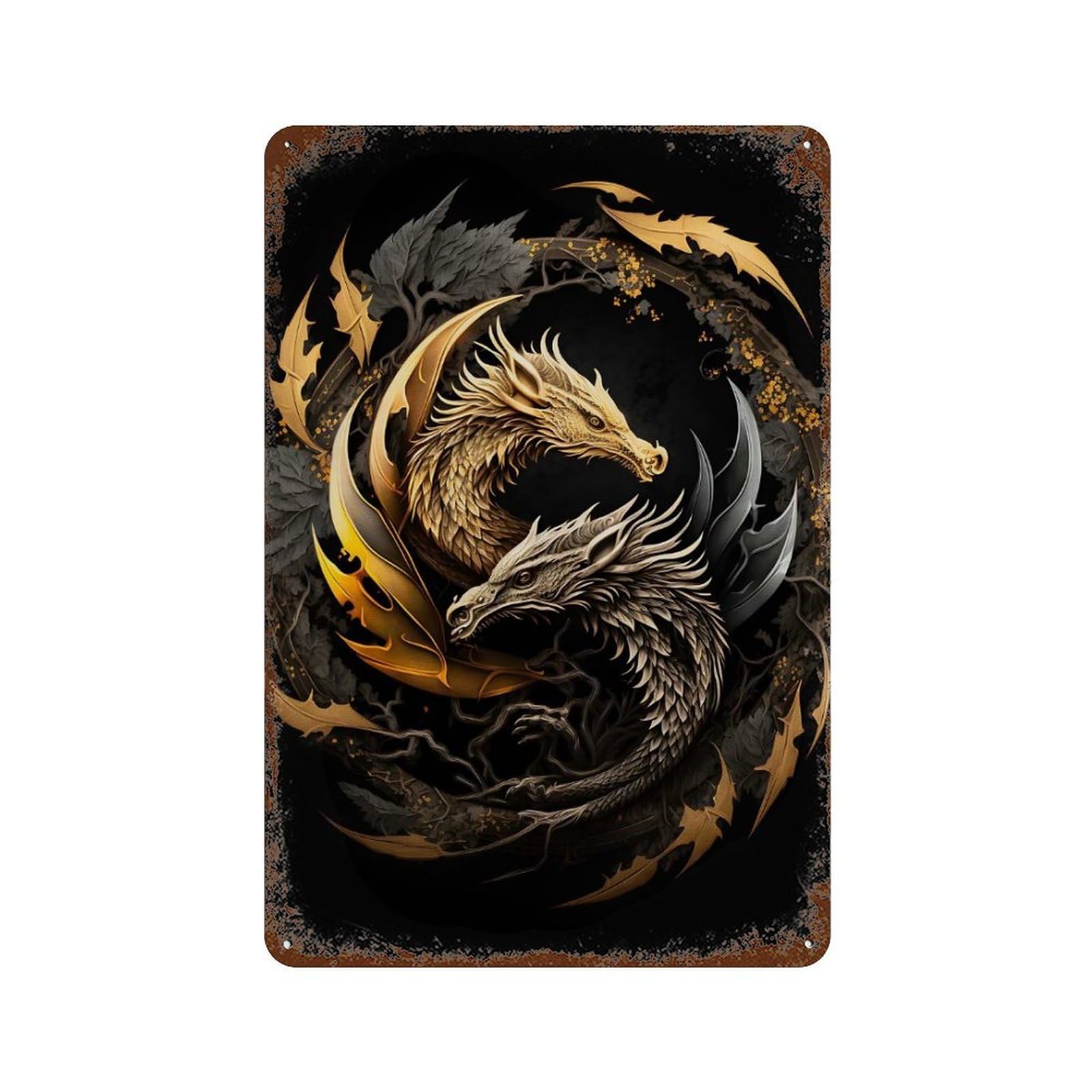 Rusty Metal Tin Sign with Silver Gold Dragon Design 11.8"x7.9", for Shed, Workshop And Garage Wall Decor, Classic Wall Plaque