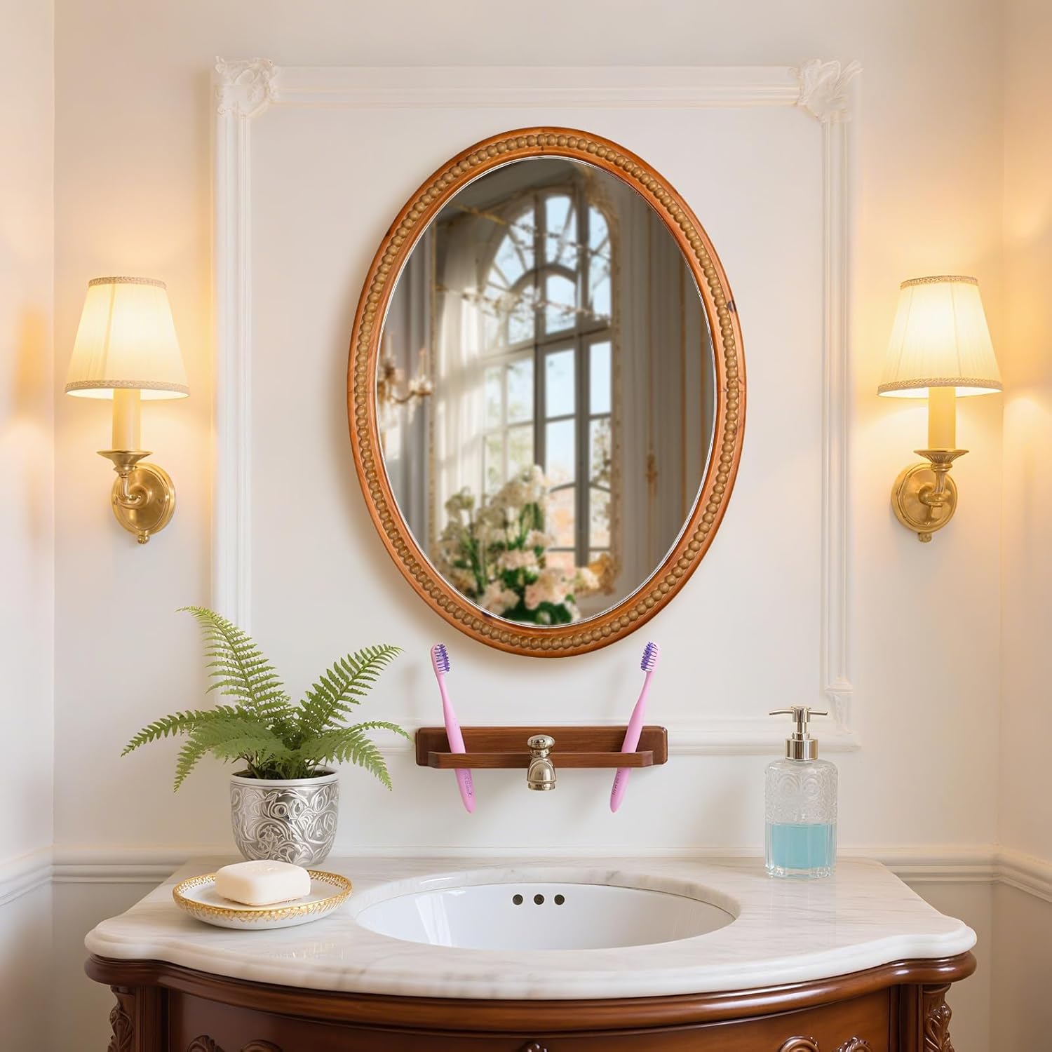 24" x 32" Wall Mount Wood Beaded Frame Oval Mirror, Warm Brown Real Glass Modern Farmhouse Decorative Mirror for Bathroom Vanity, Entryway, Bedroom