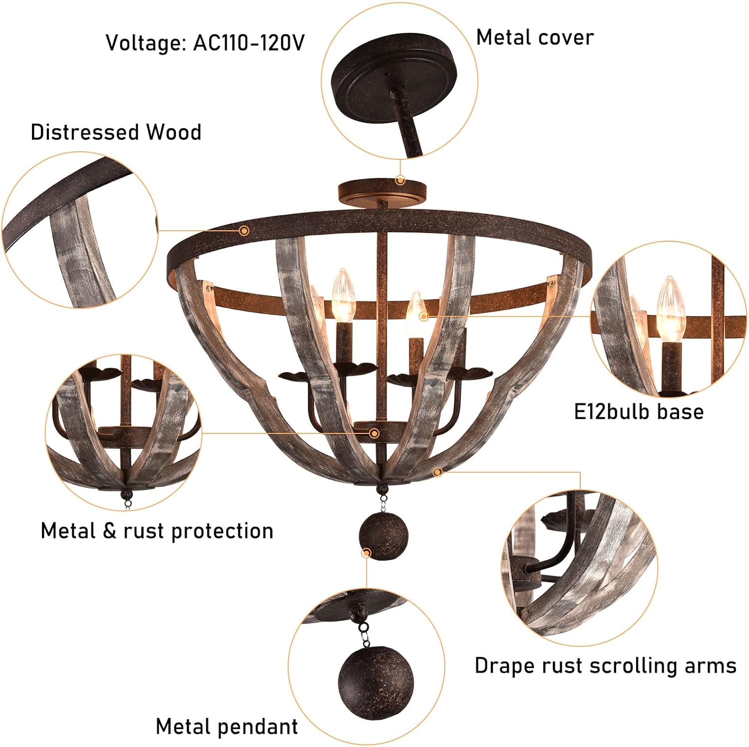 DYRABREST Flush Mount Ceiling Light Chandelier Industrial Semi Retro Farmhouse Ceiling Light Chandelier for Kitchen Hallway Bedroom Farmhouse Dining Table Room
