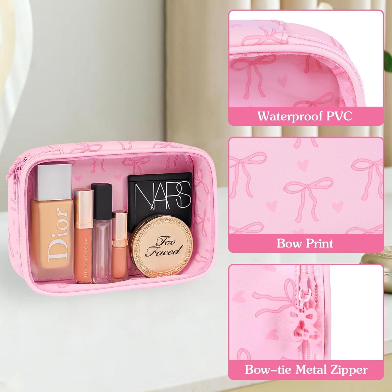 Pink Clear Bow Cosmetic Bag for Women Girls Cute Bow Travel Bag Coquette Zipper Model Cosmetic Bag for Birthday Gift (Heart Bow) - Image 5