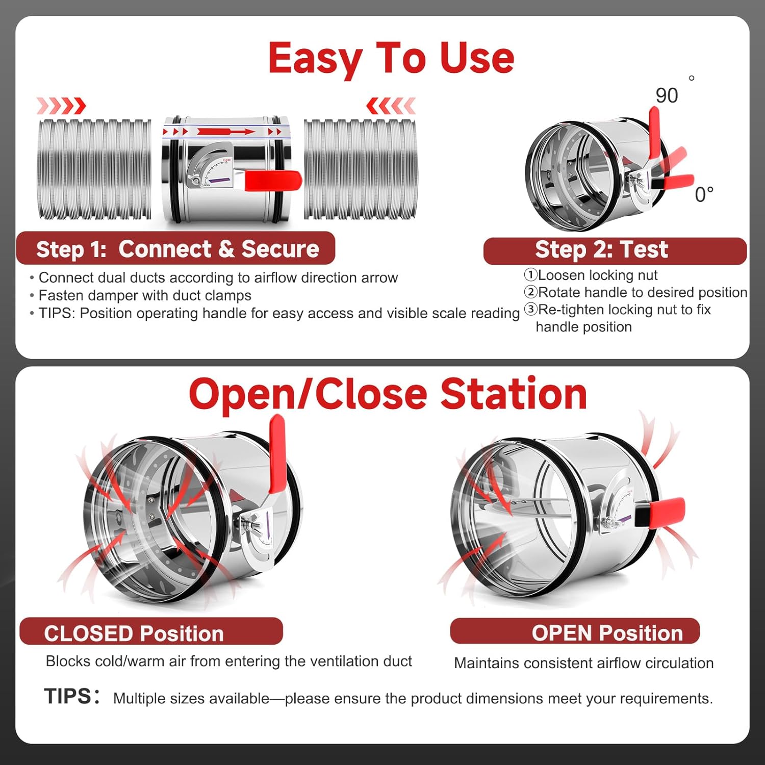 8 Inch HVAC Duct Manual Volume Backdraft Damper,Stainless Steel Airflow Control Valve With Adjustment Handle,Duct Damper for HVAC Ventilation System (8inch)