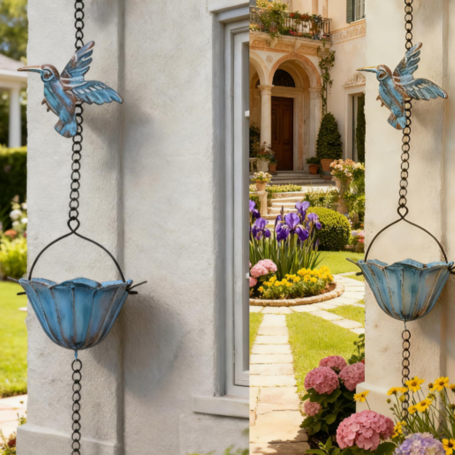 Chaînes de pluie pour gouttières, 2,4 m, vintage, en fer bleu, chaîne de pluie avec 7 colibri et tasses
