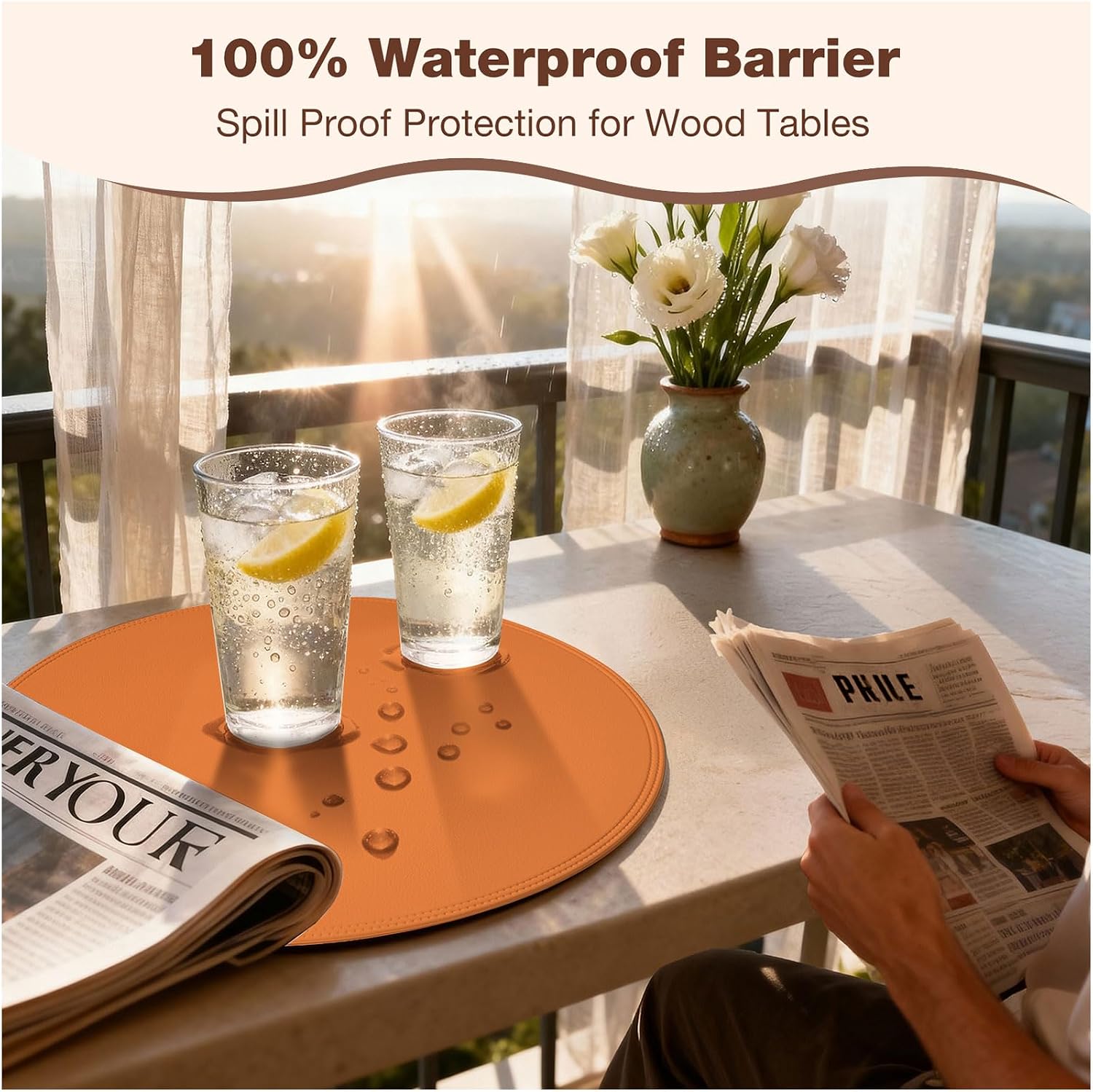 Round Vinyl Orange Placemats Set of 6, Faux Leather Waterproof Wipeable Heat Resistant Place Mats, Washable Table Mats for Halloween, Thanksgiving & Christmas Dinner(Orange)