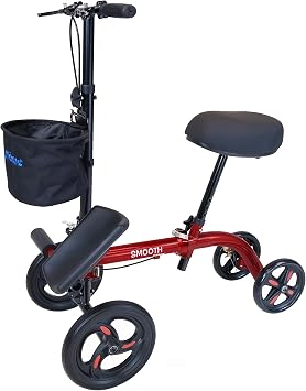 Smooth Seated Knee Scooter, Slow Propelled Steerable Mobility Knee Walker Crutches, Wheelchair Alternative with Dual Brakes, Fits Height of 52-63 Solid Rubber Tires, Candy Apple Red