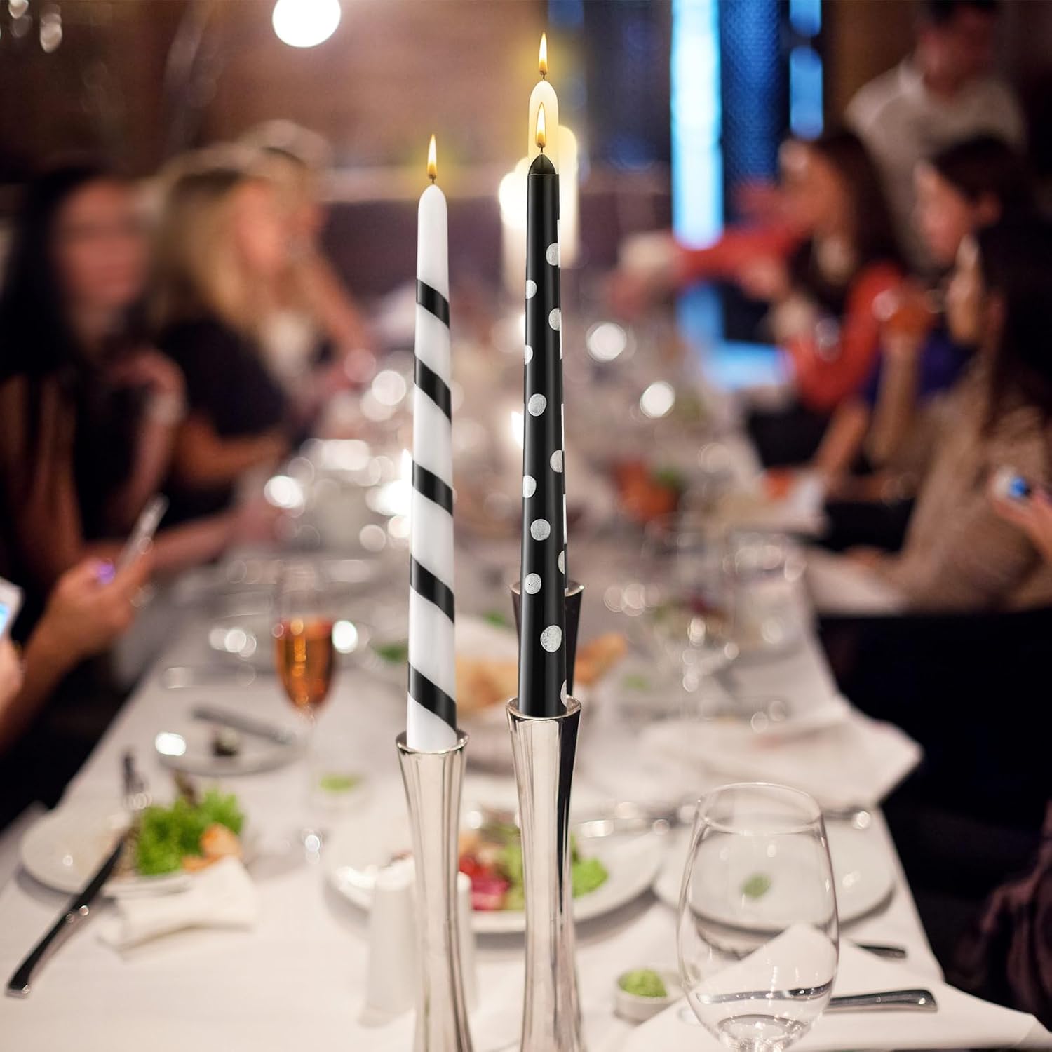 Conelist 12 Pcs Black and White Taper Candles Set Adhesive Striped Candles 10 Inch Tall Holiday Decor for Dinner Party Wedding Anniversary