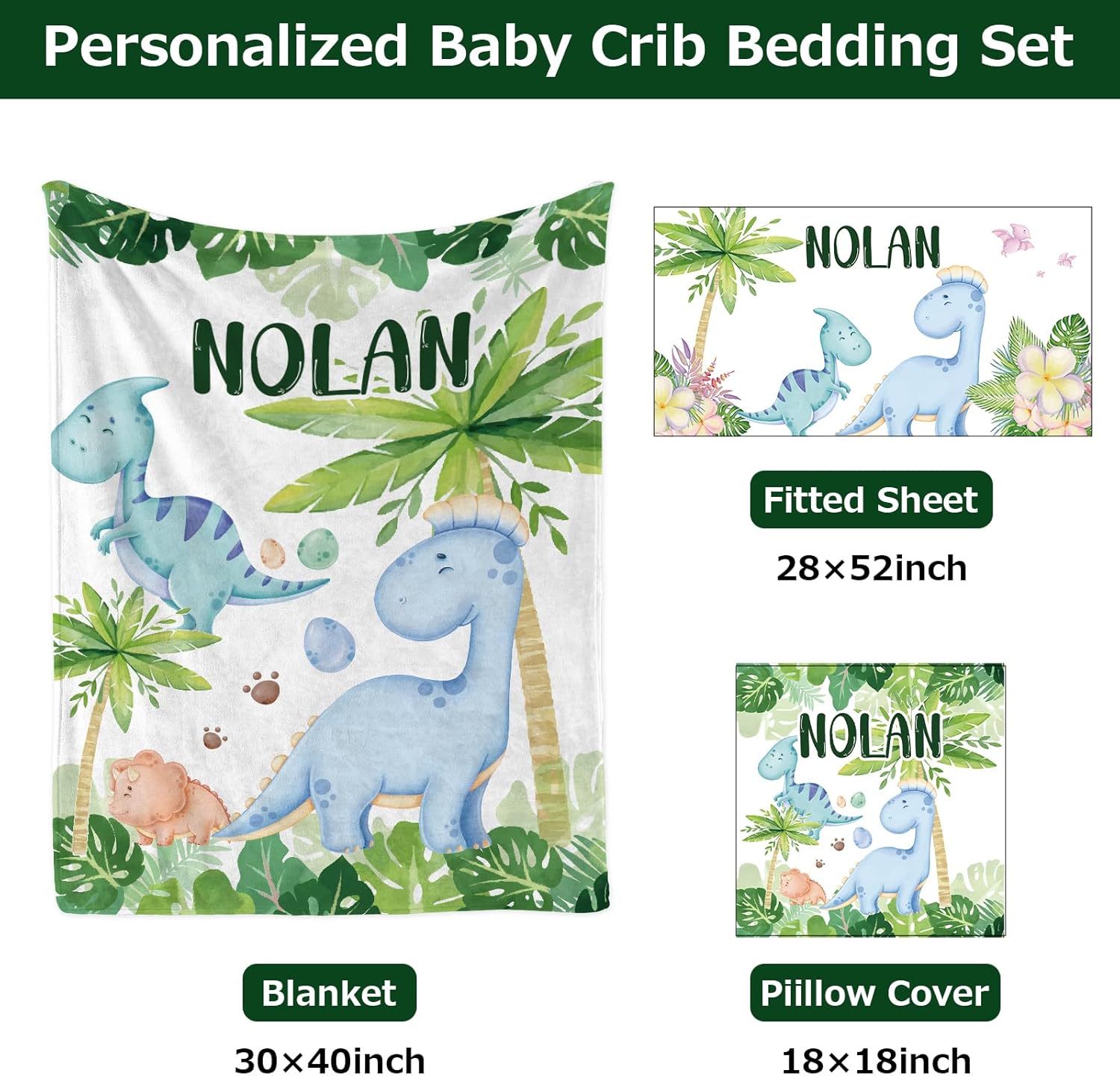Personalized Baby Crib Bedding Set,3 Piece Custom Name Nursery Set with Blanket, Fitted Sheet & Pillowcase for Baby Girls & Boys, Dino Jungle Theme(Fixed Size)