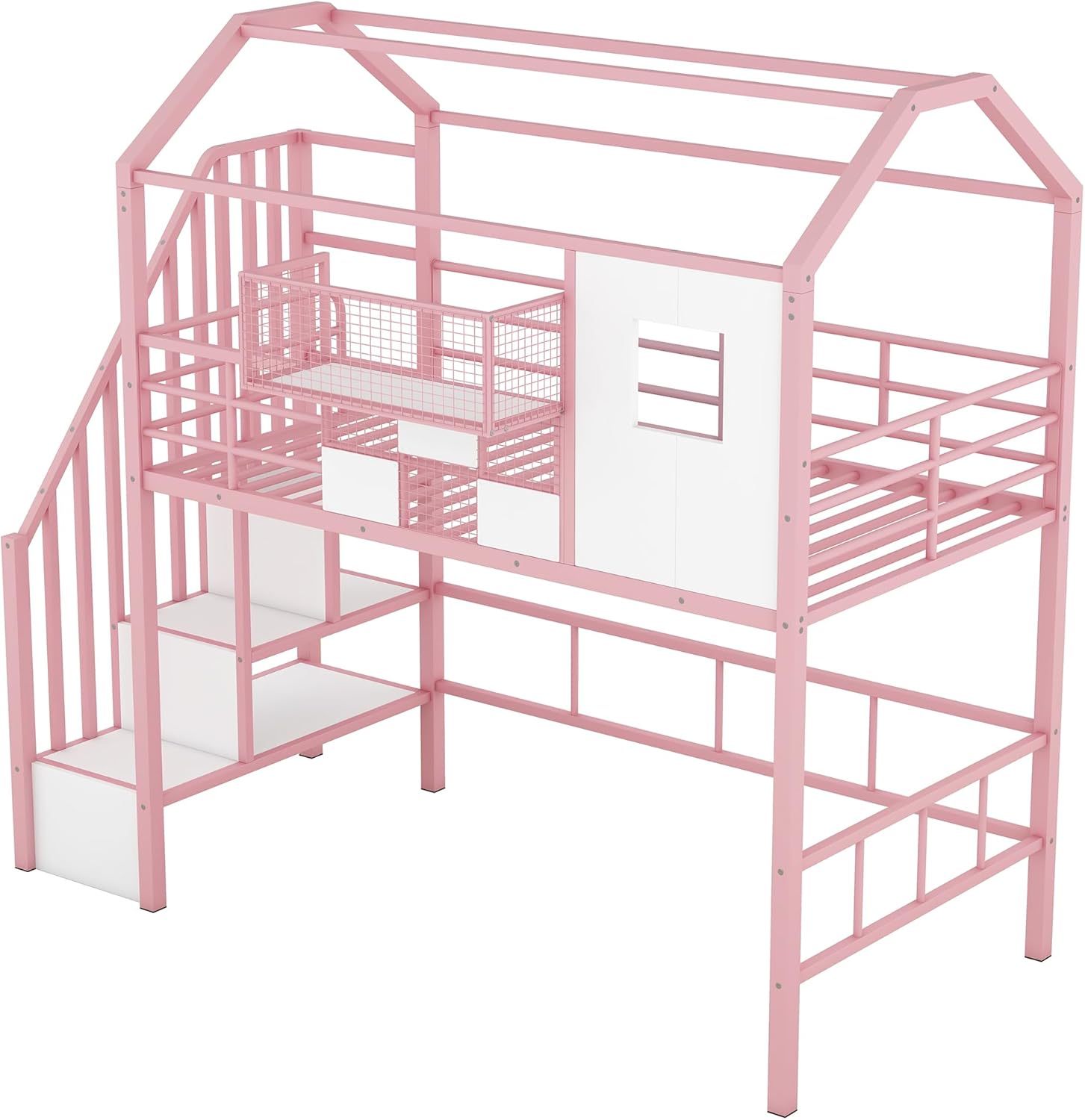 Bellemave Twin Loft Bed with Storage Stairs, Roof, Window and Guardrail, House Loft Bed with Storage Box, Heavy Duty Loft Bed for Girls Boys, Pink