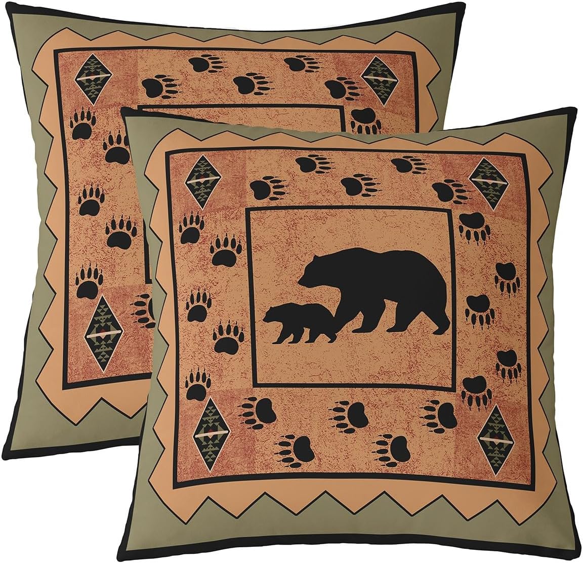 Set of 2 Bear Throw Pillow Covers, Retro Rustic Boho Wild Animal Cushion Case for Home Living Room Decor, Reversible Western Brown Bear Paw Farmhouse Decorative Throw Cushion Case, 24x24 Inches